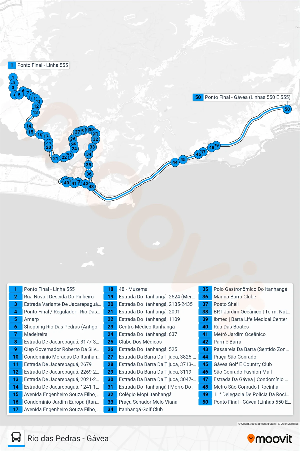 Rota e paradas da linha de ônibus 555 (Gávea) no mapa