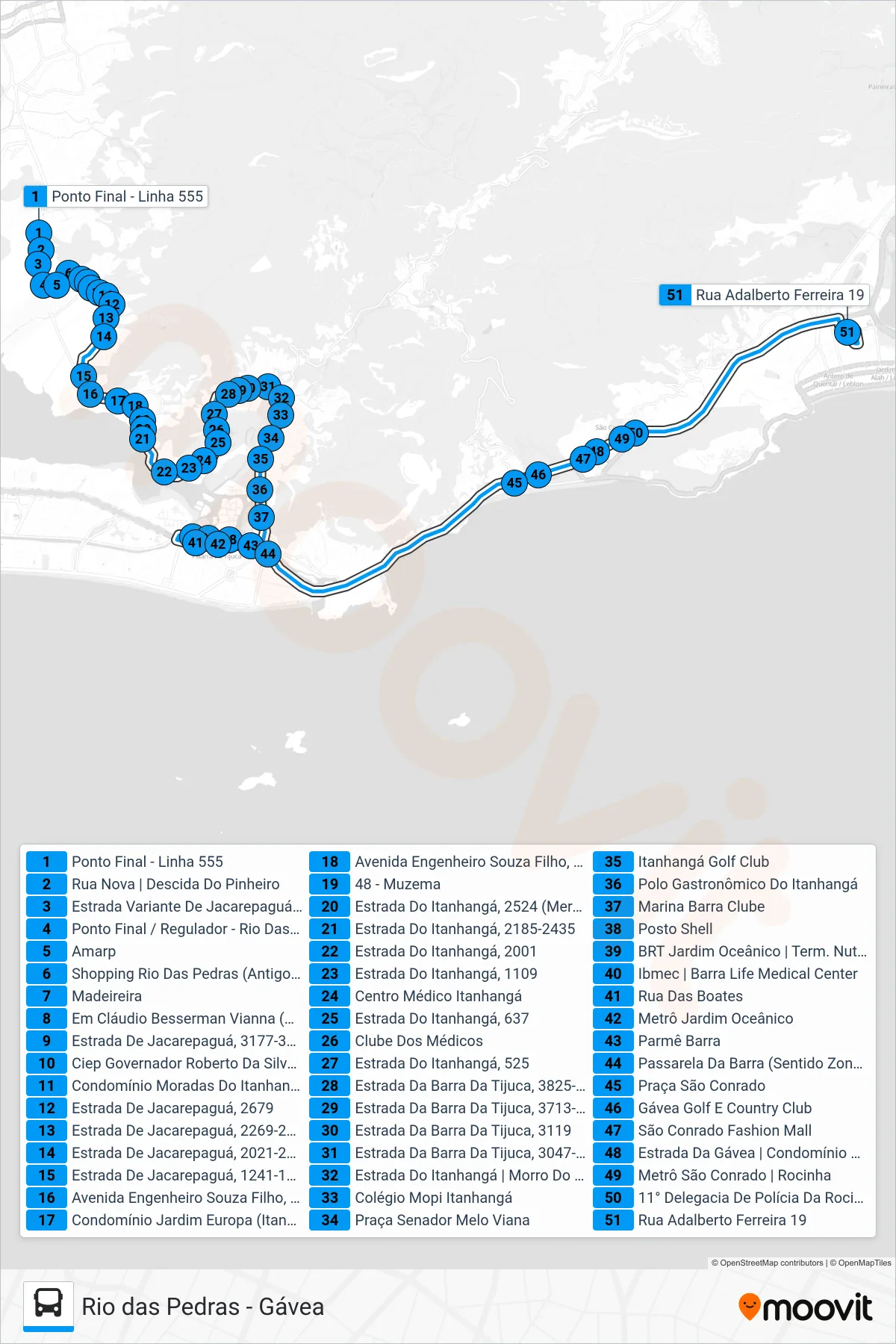 555 bus Line (Gávea (Feira Livre)) route and stops on a map