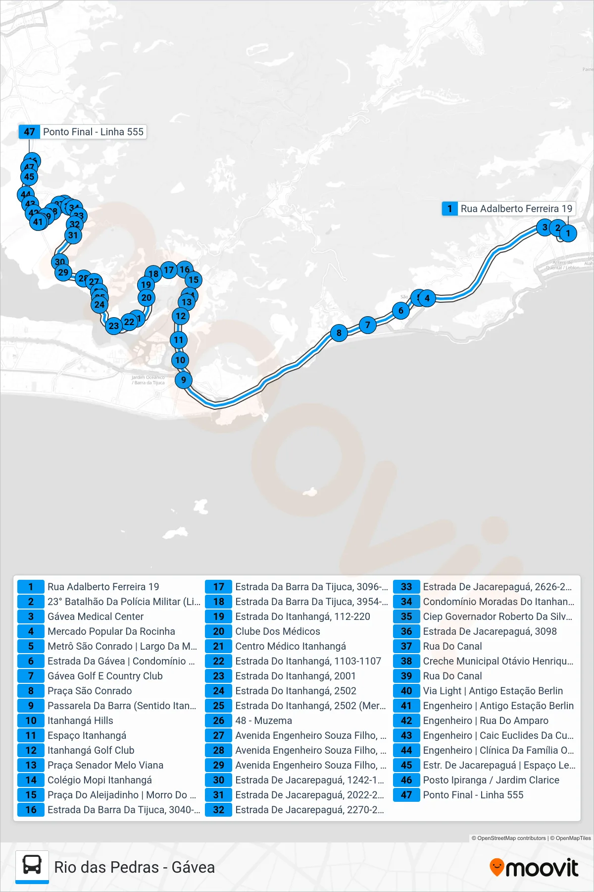 Rota e paradas da linha de ônibus  555  (Rio das Pedras (Feira Livre)) no mapa