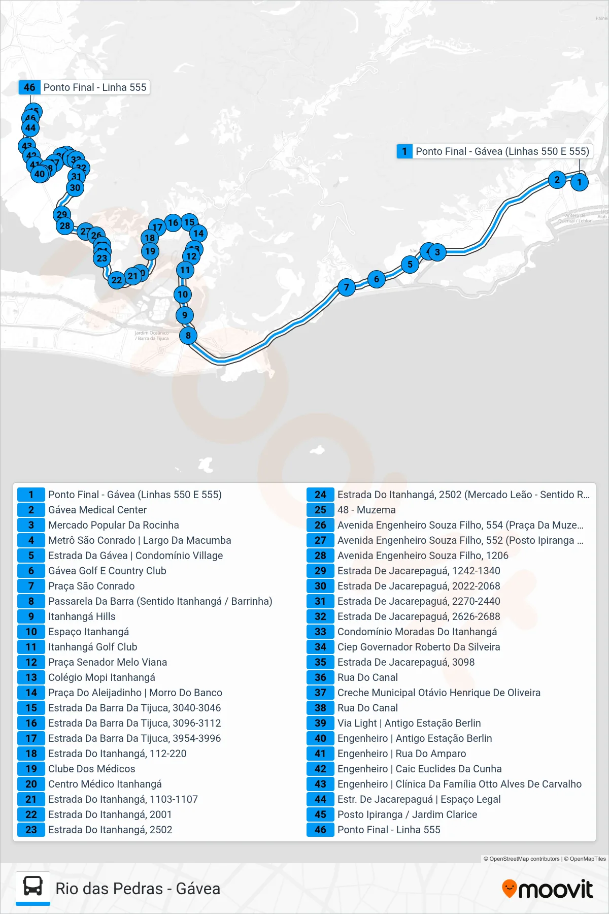 Rota e paradas da linha de ônibus 555 (Rio das Pedras) no mapa