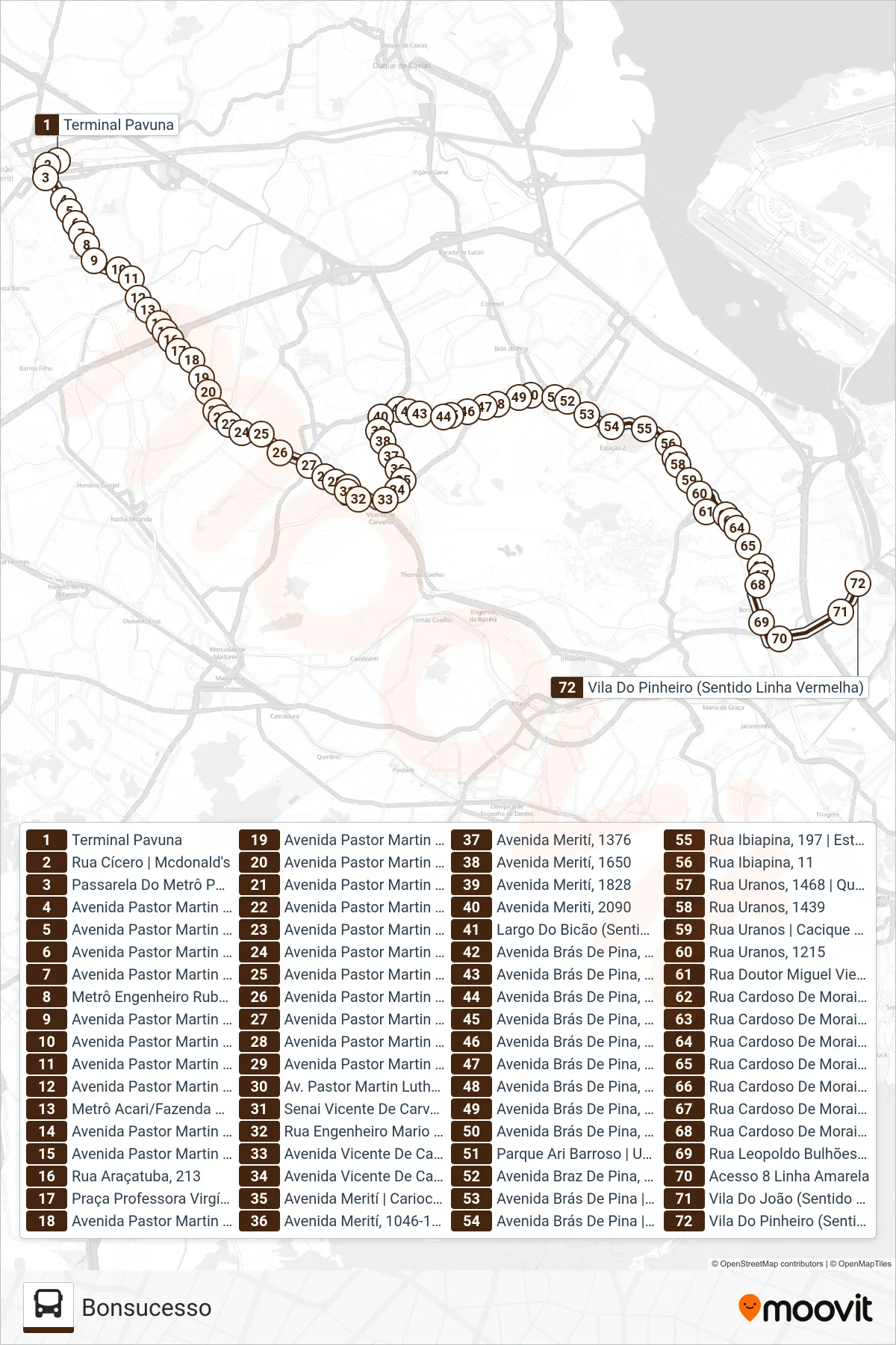 Rota e paradas da linha de ônibus 919 (Bonsucesso) no mapa