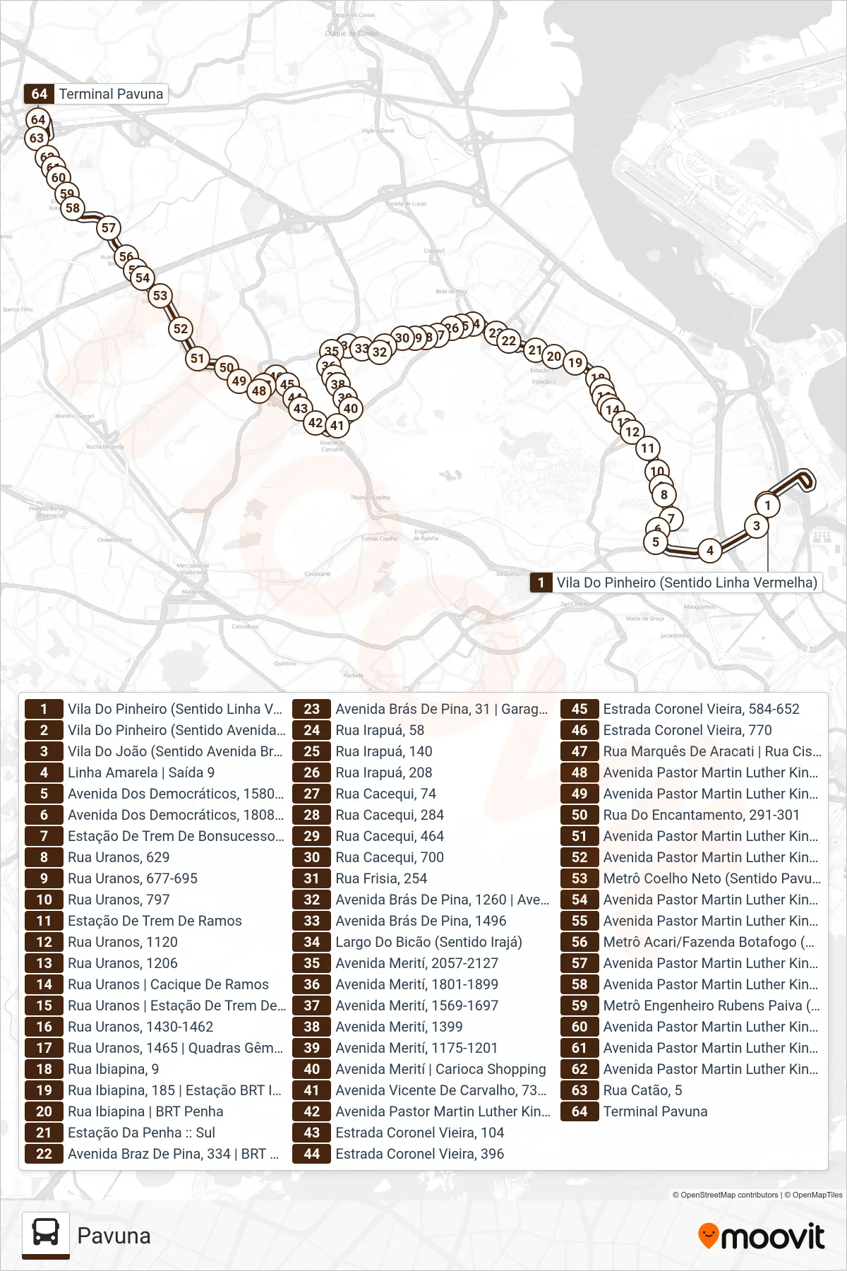 Rota e paradas da linha de ônibus 919 (Pavuna) no mapa