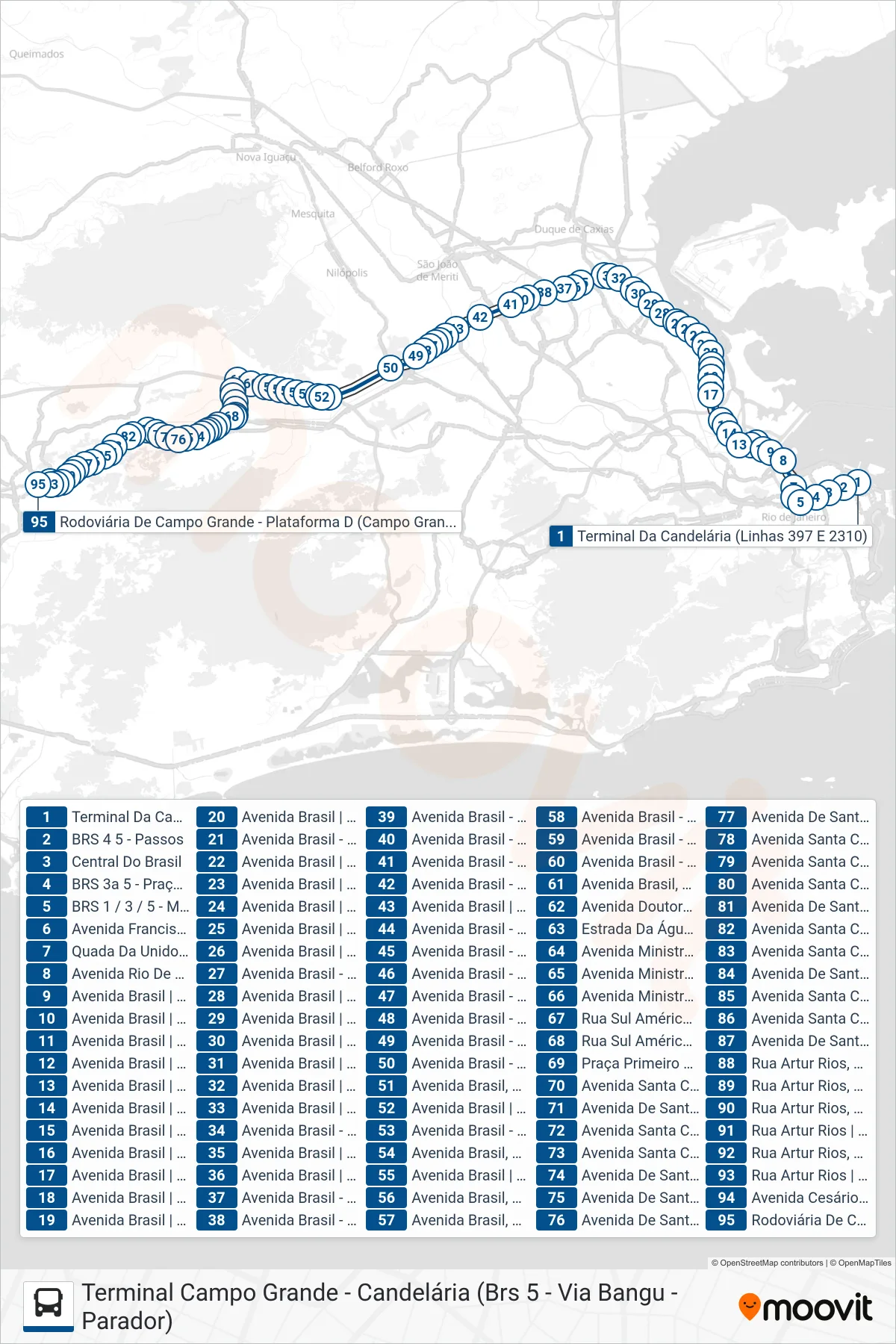 Rota e paradas da linha de ônibus 397 (Campo Grande) no mapa