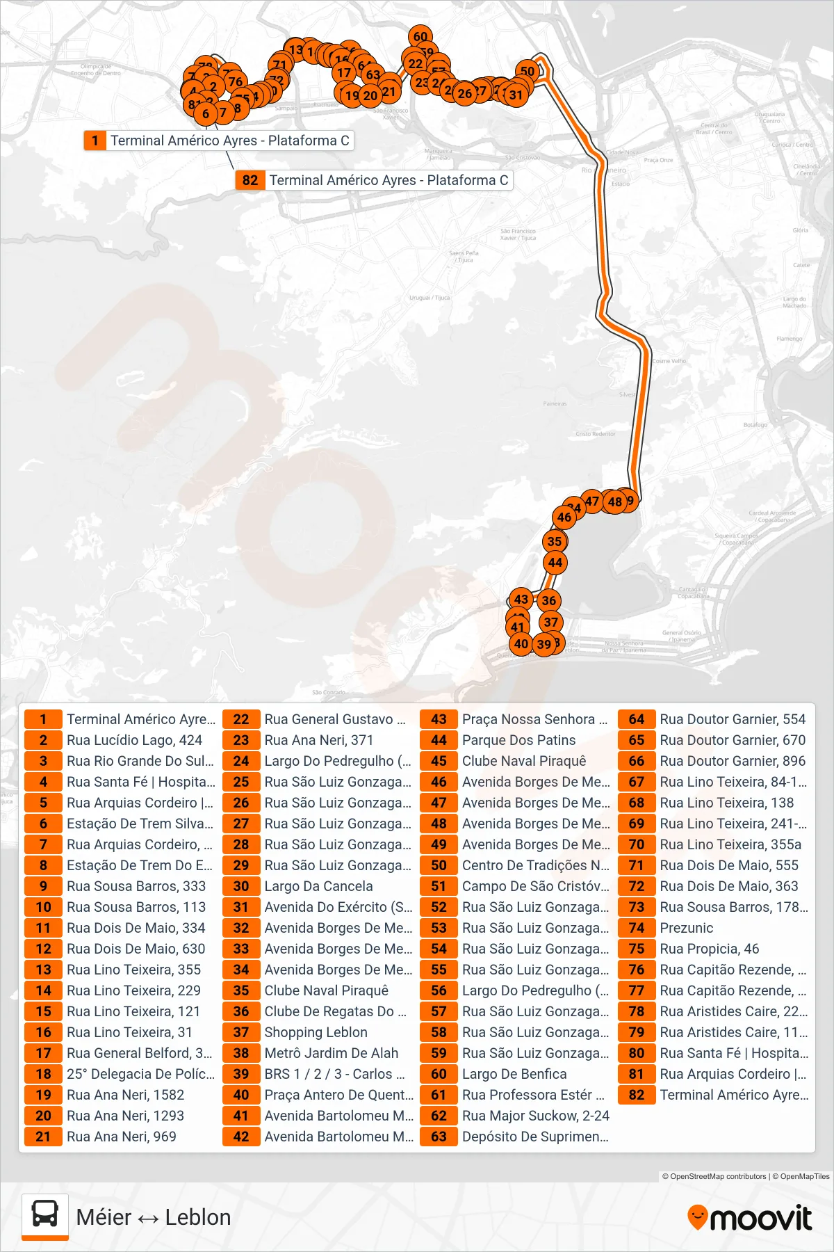 Rota e paradas da linha de ônibus 476 (Méier ↔ Leblon) no mapa