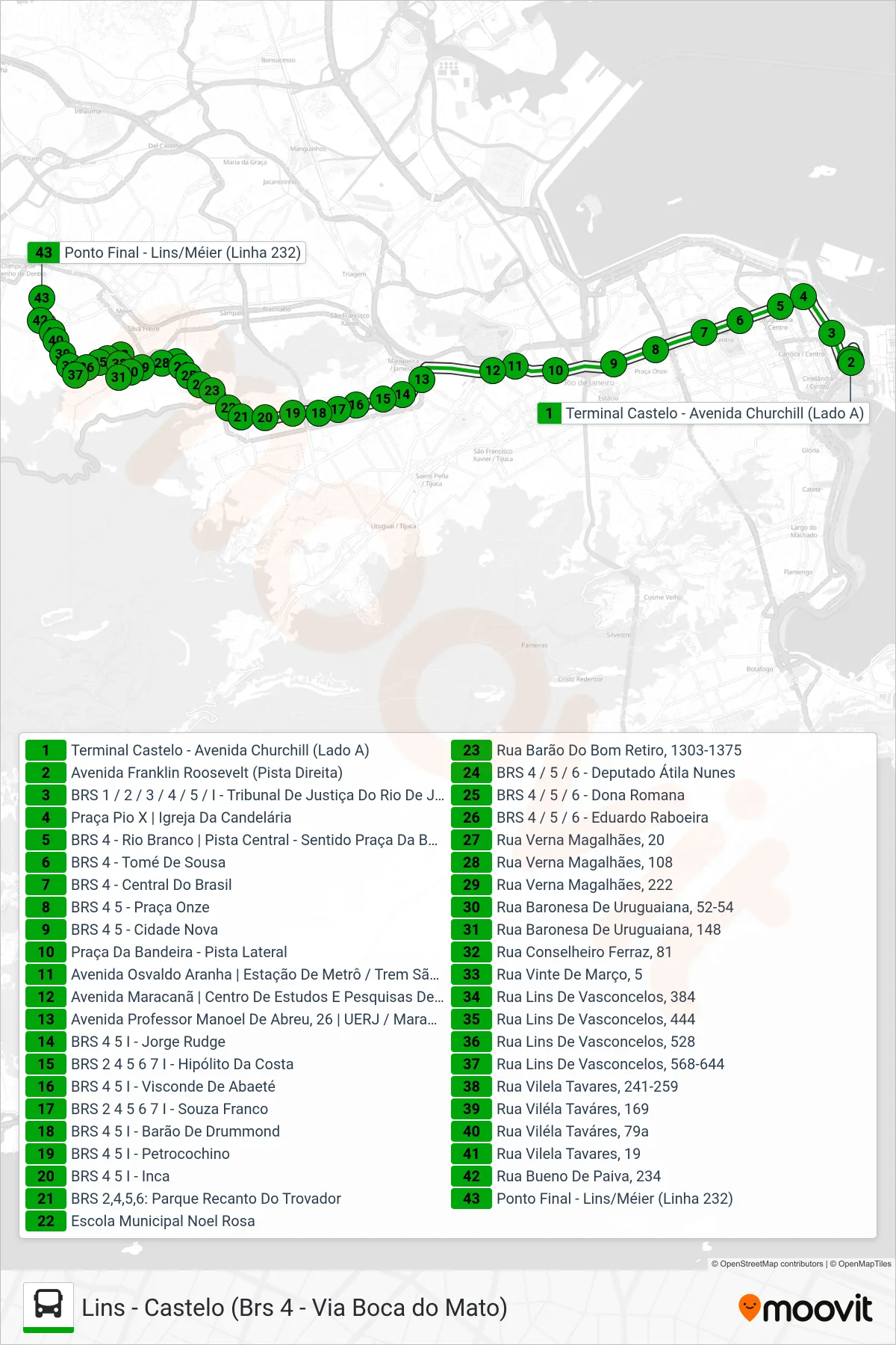 Rota e paradas da linha de ônibus 232 (Lins) no mapa