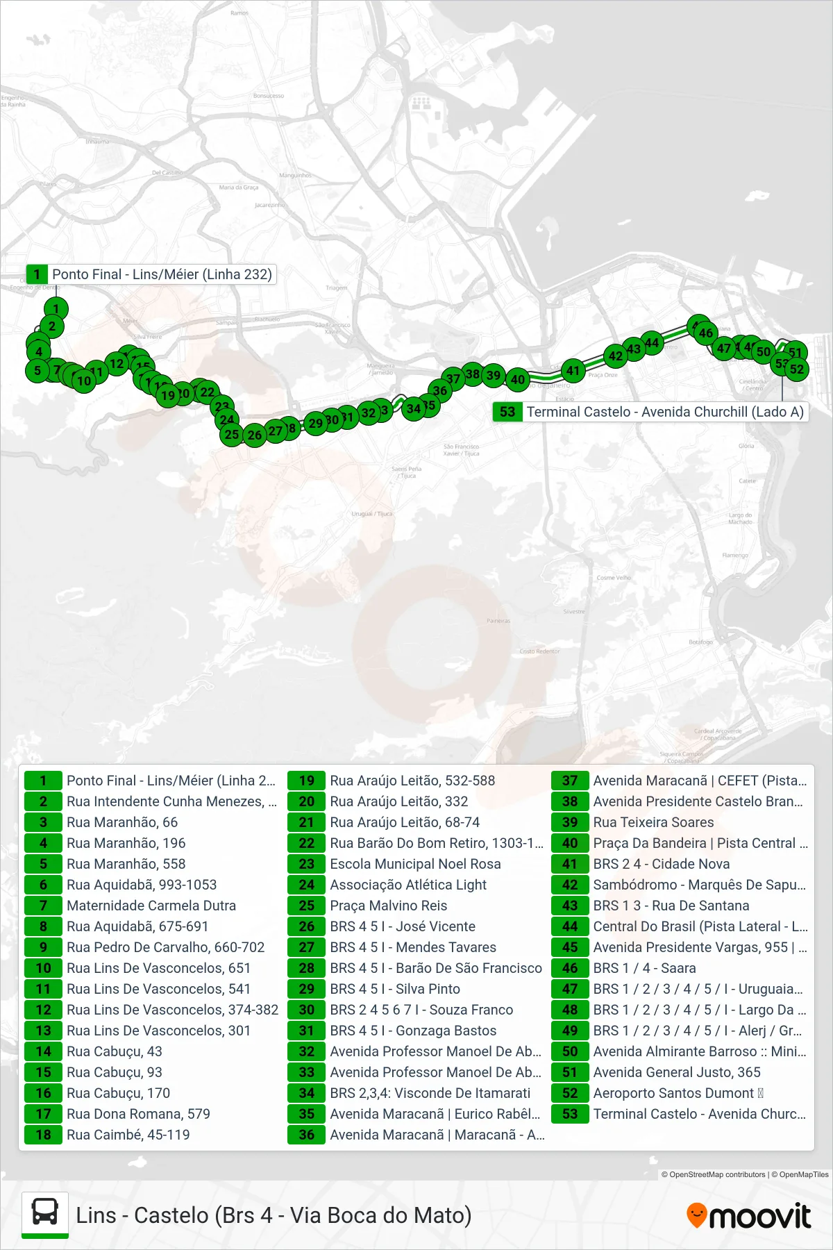 Rota e paradas da linha de ônibus 232 (Castelo) no mapa