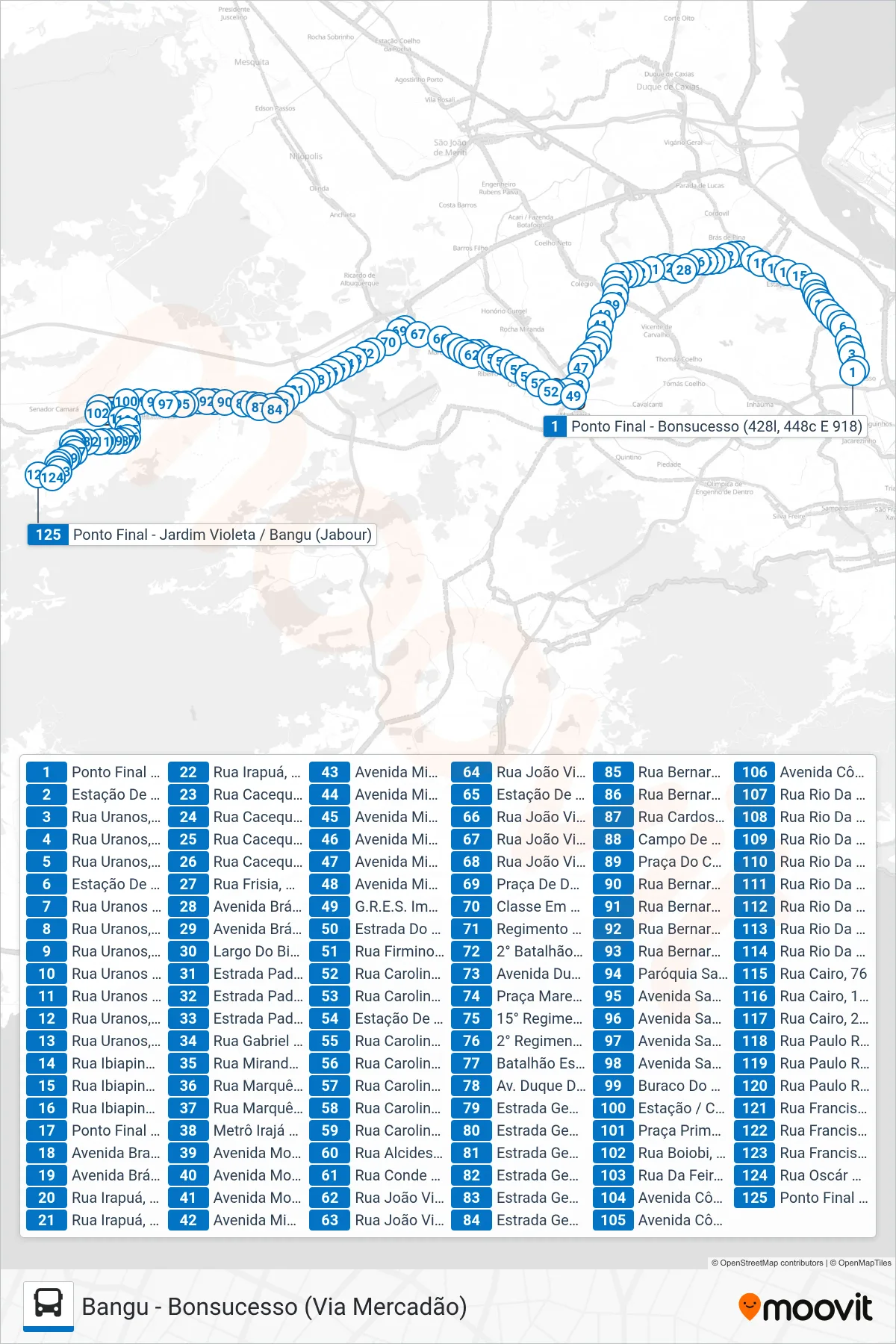 Rota e paradas da linha de ônibus 918 (Bangu (Jardim Violeta)) no mapa