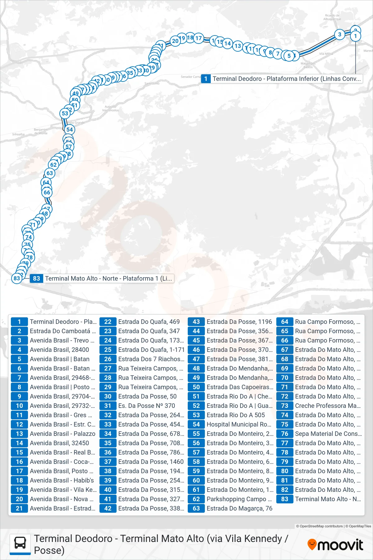Rota e paradas da linha de ônibus 853 (Terminal Mato Alto) no mapa