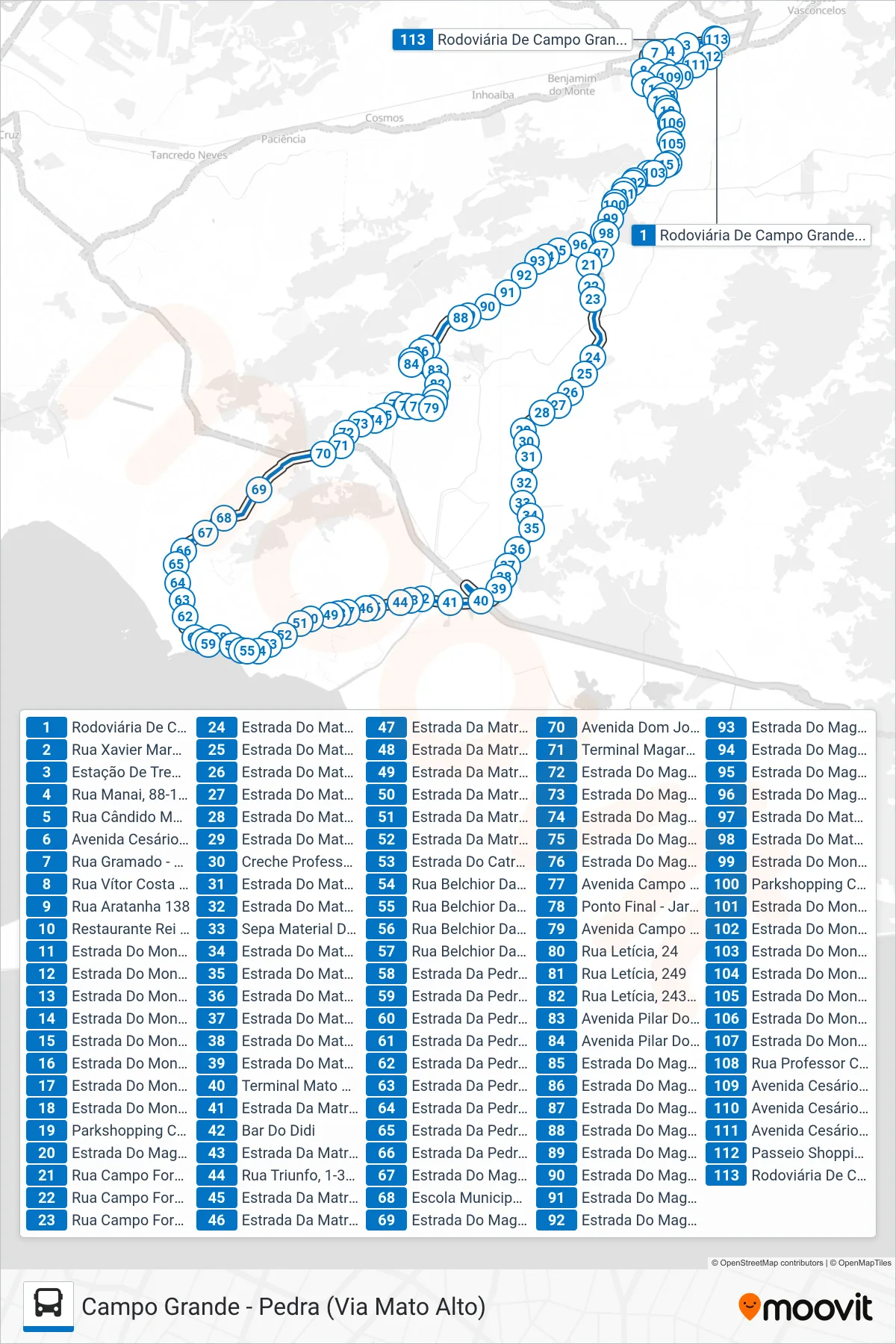 Rota e paradas da linha de ônibus 852 (Campo Grande ↔ Pedra (Via Mato Alto)) no mapa