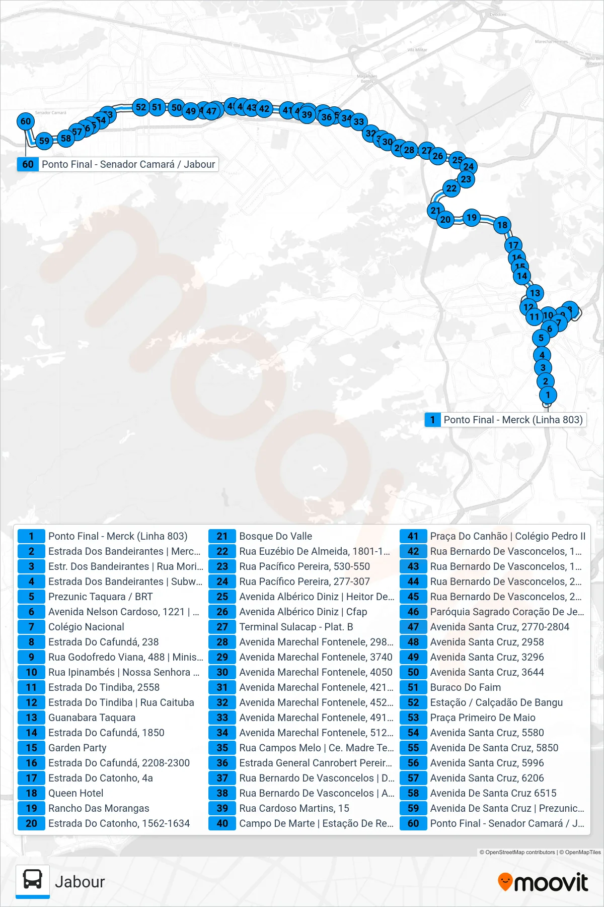 Rota e paradas da linha de ônibus 803 (Jabour) no mapa