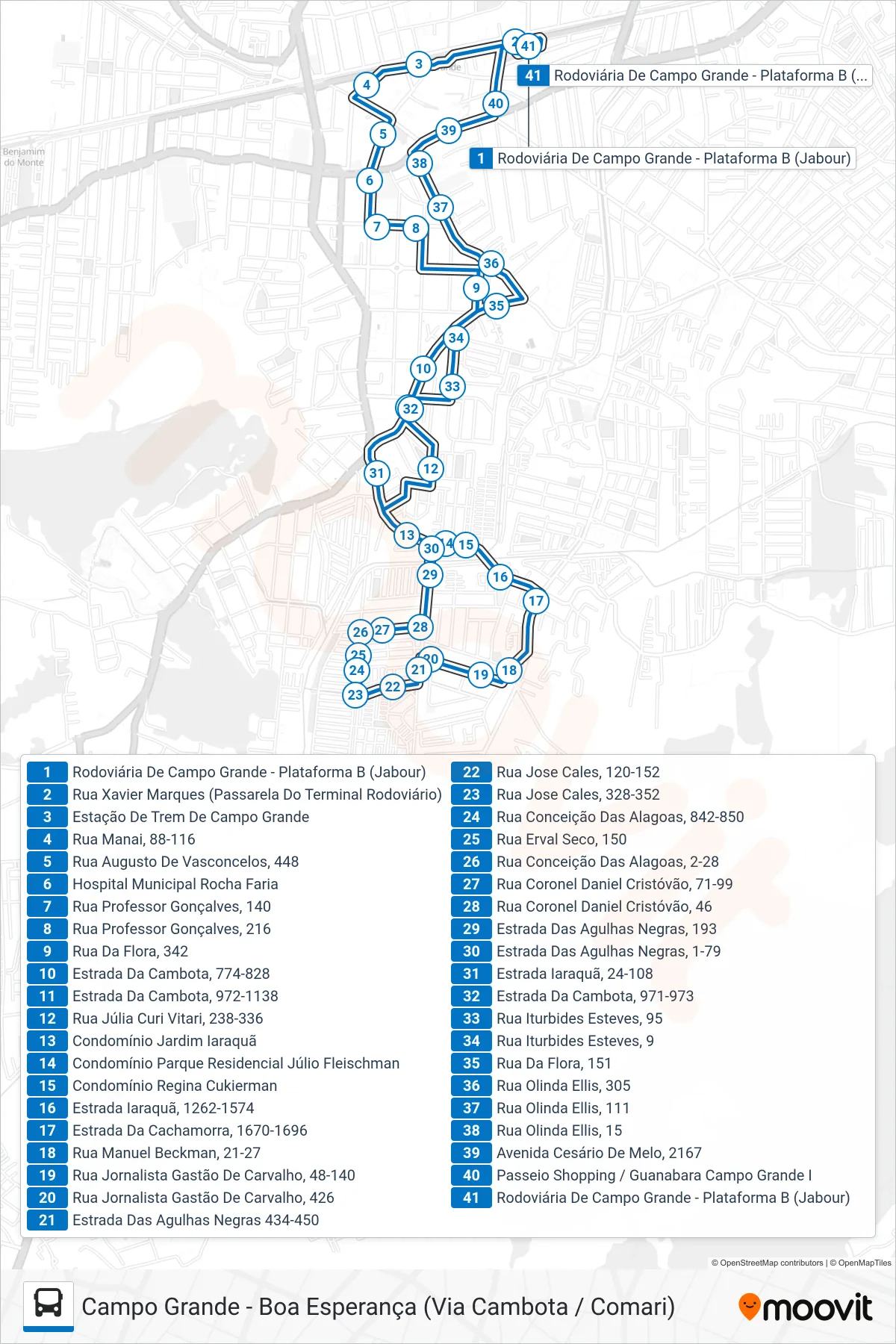 843 bus Line (Campo Grande ↔ Boa Esperança) route and stops on a map