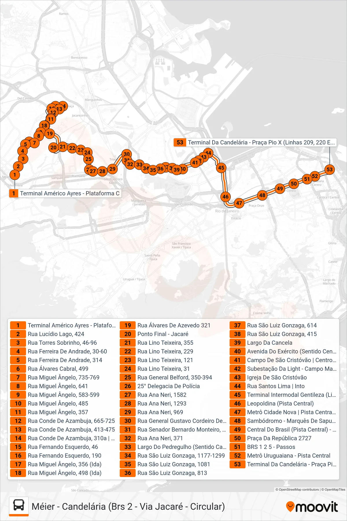 Rota e paradas da linha de ônibus 275 (Candelária (Circular)) no mapa