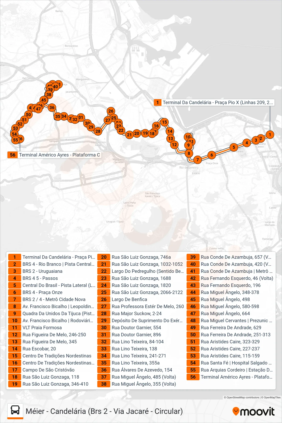 Rota e paradas da linha de ônibus 275 (Meier) no mapa