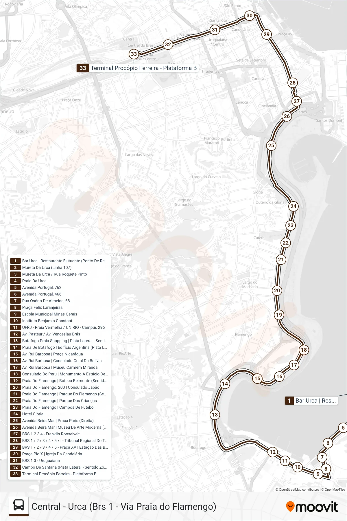 Rota e paradas da linha de ônibus 107 (Central) no mapa