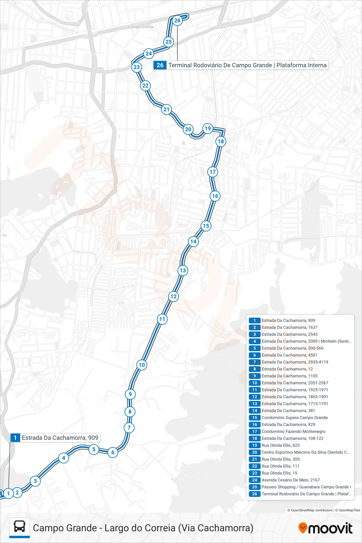 835 bus Line (Campo Grande) route and stops on a map