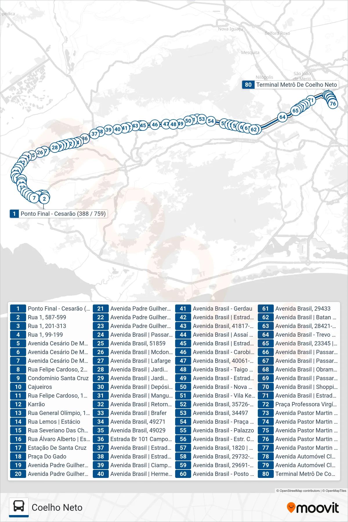 Rota e paradas da linha de ônibus  759  (Coelho Neto) no mapa