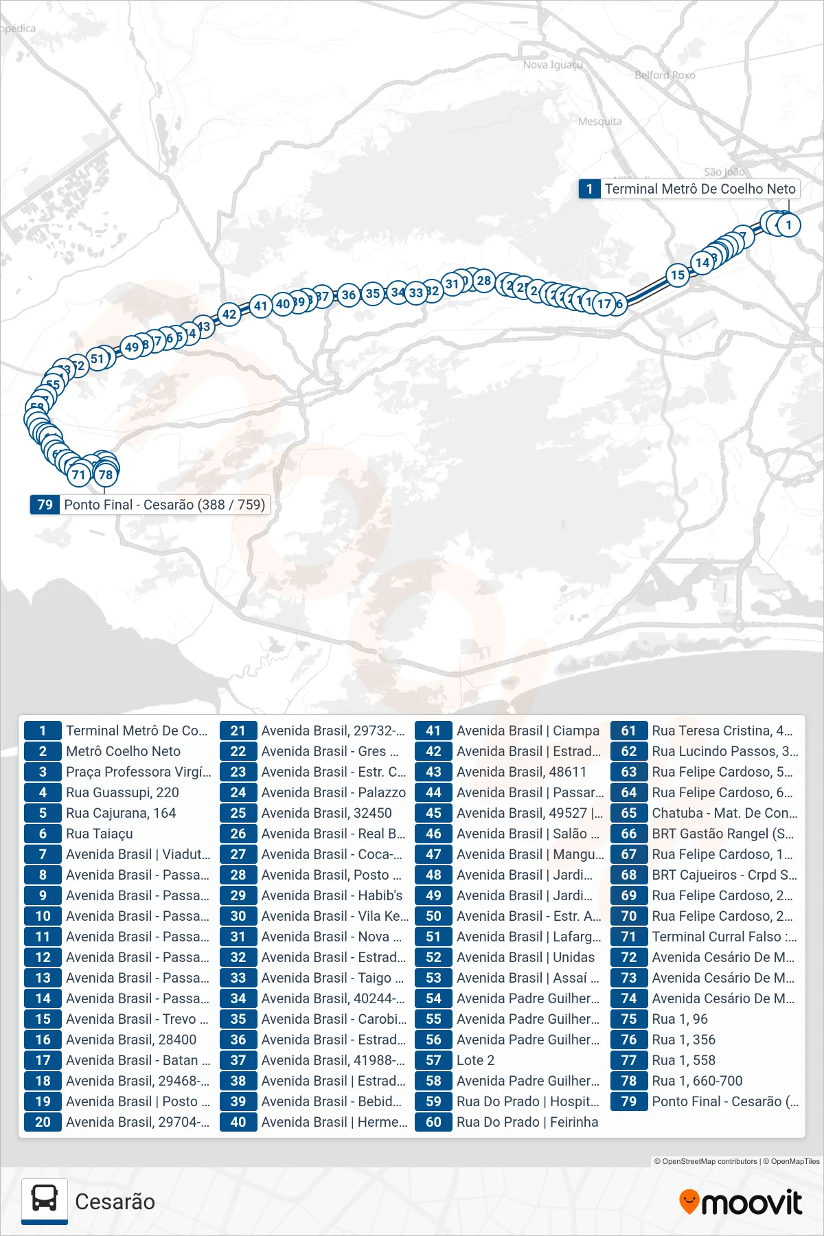 Rota e paradas da linha de ônibus 759 (Cesarão) no mapa