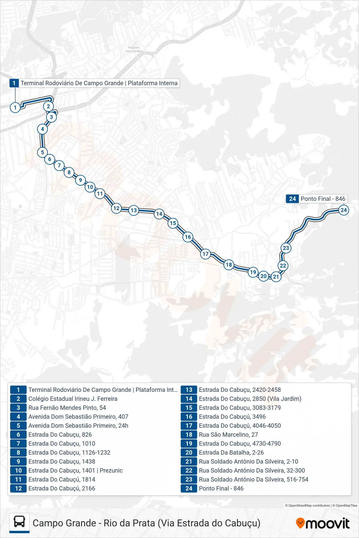 Rota e paradas da linha de ônibus 846 (Rio Da Prata) no mapa