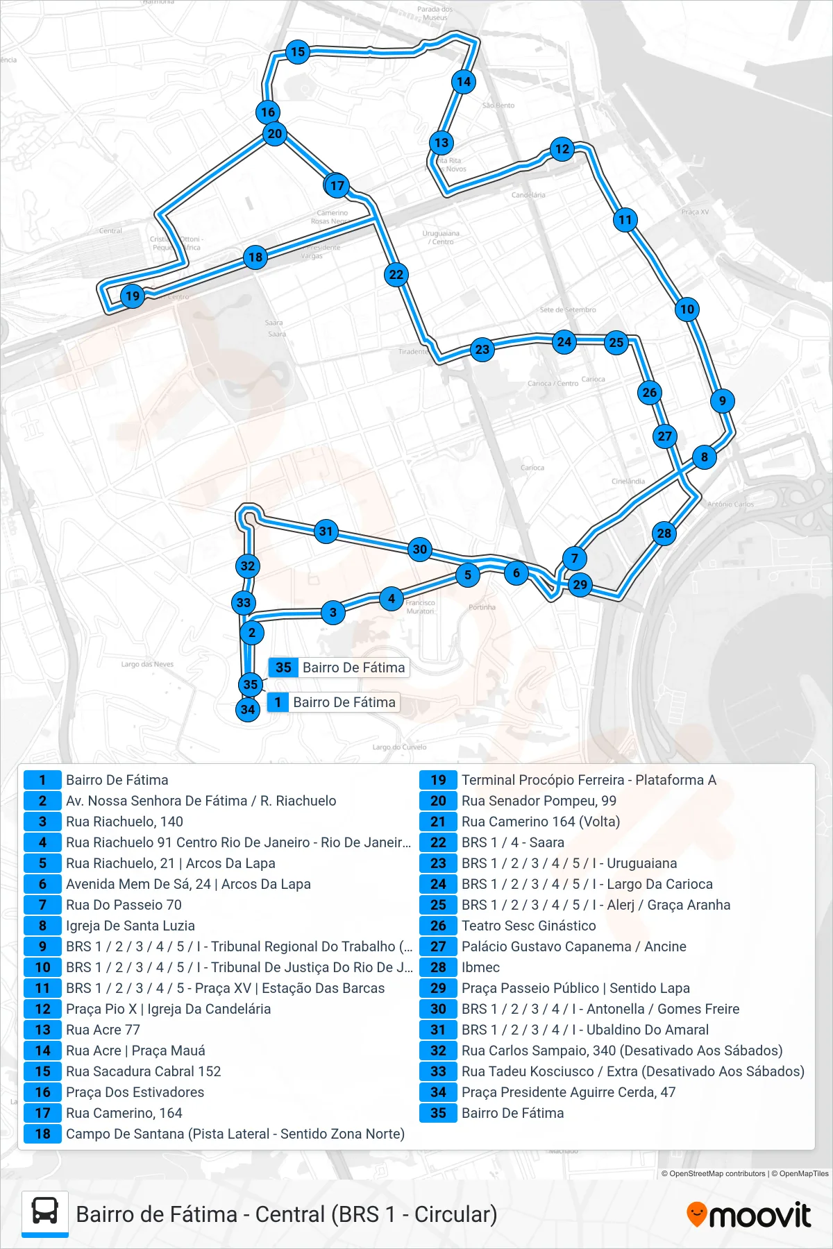 Rota e paradas da linha de ônibus 010 (Bairro de Fátima ↔ Central) no mapa
