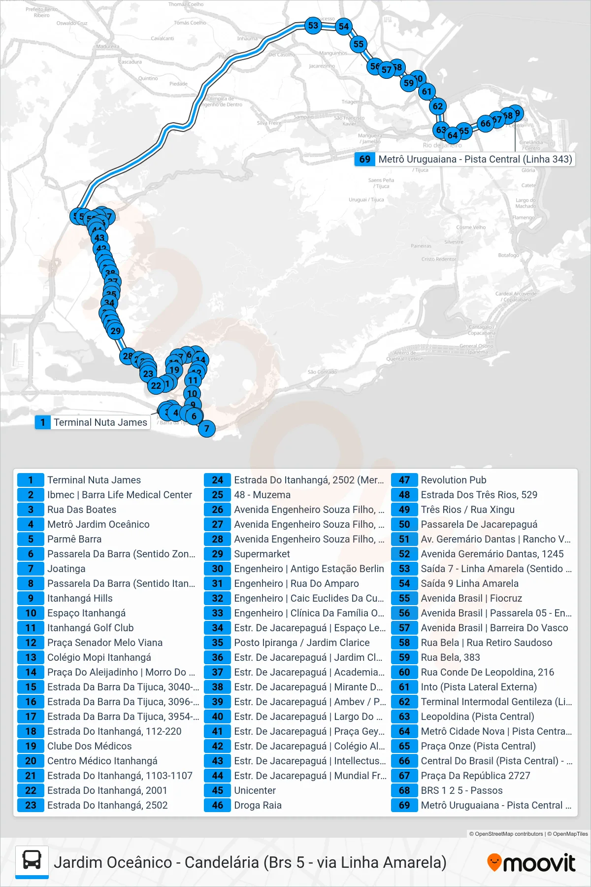 Rota e paradas da linha de ônibus 343 (Candelária) no mapa