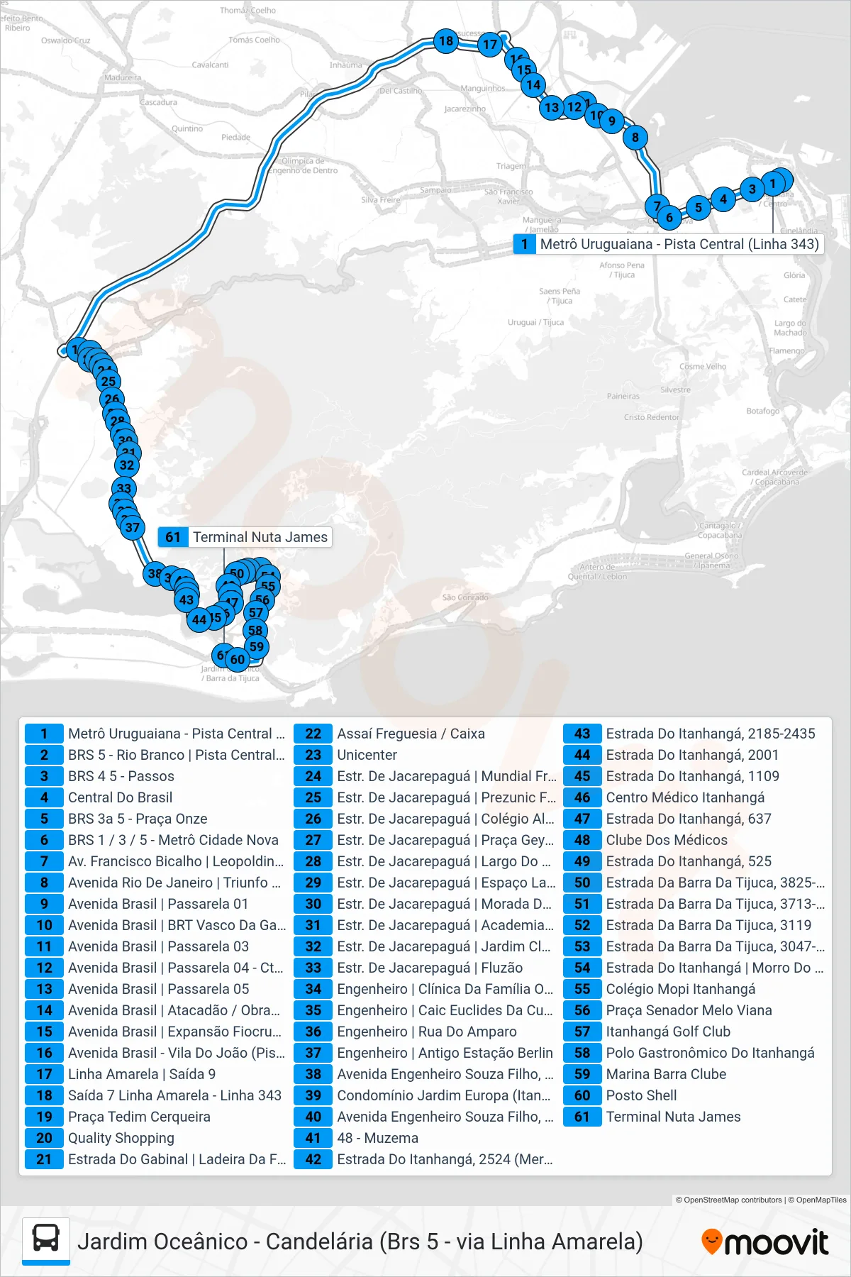 Rota e paradas da linha de ônibus 343 (Jardim Oceânico) no mapa