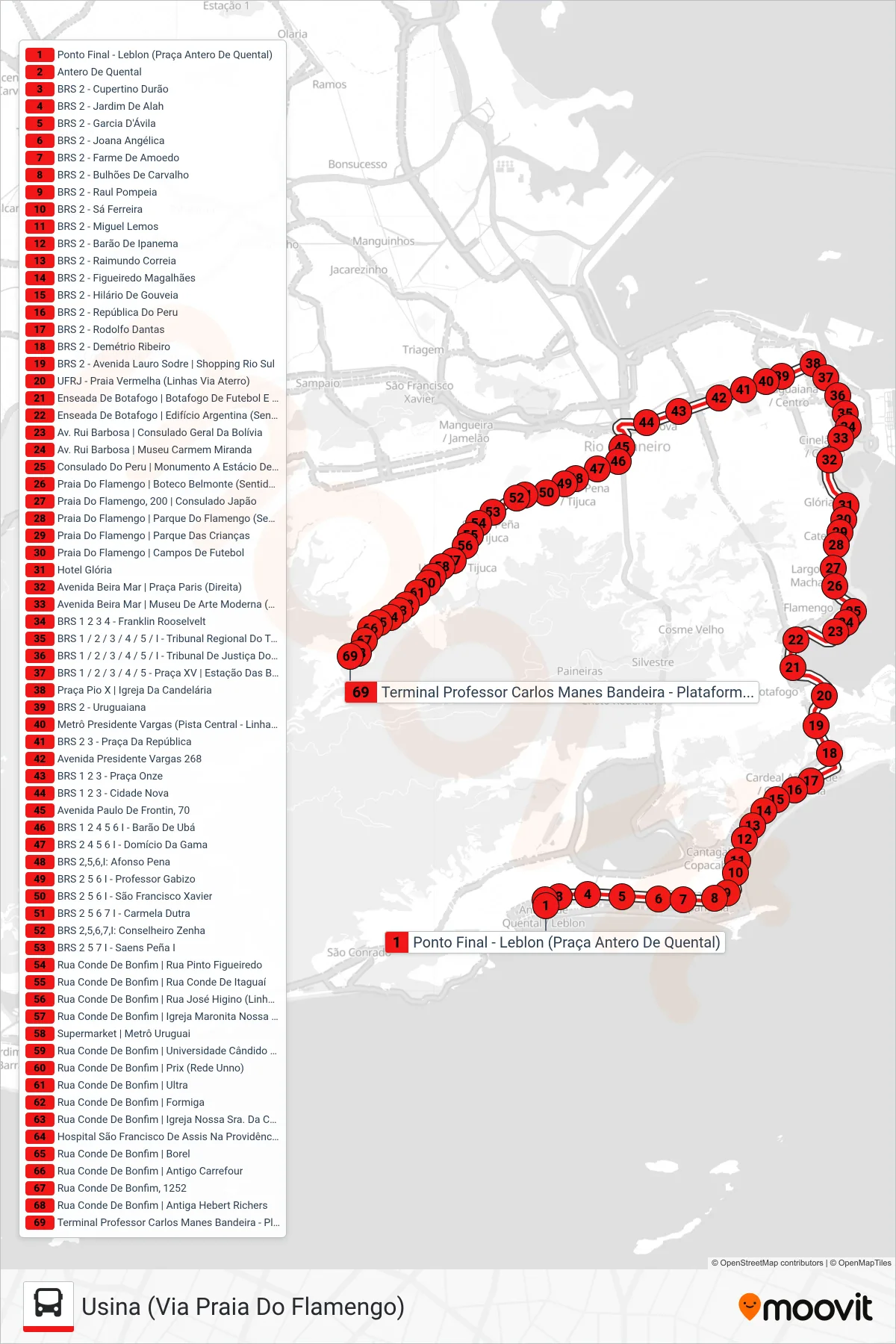 Rota e paradas da linha de ônibus 415 (Usina (Via Praia Do Flamengo)) no mapa