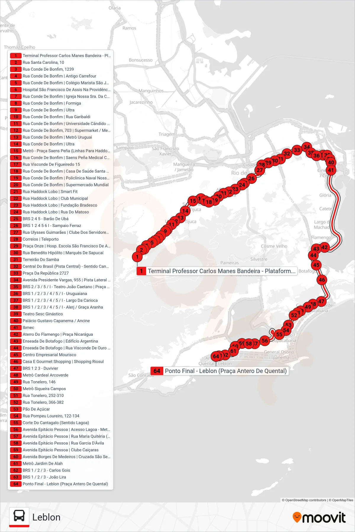Rota e paradas da linha de ônibus 415 (Leblon) no mapa
