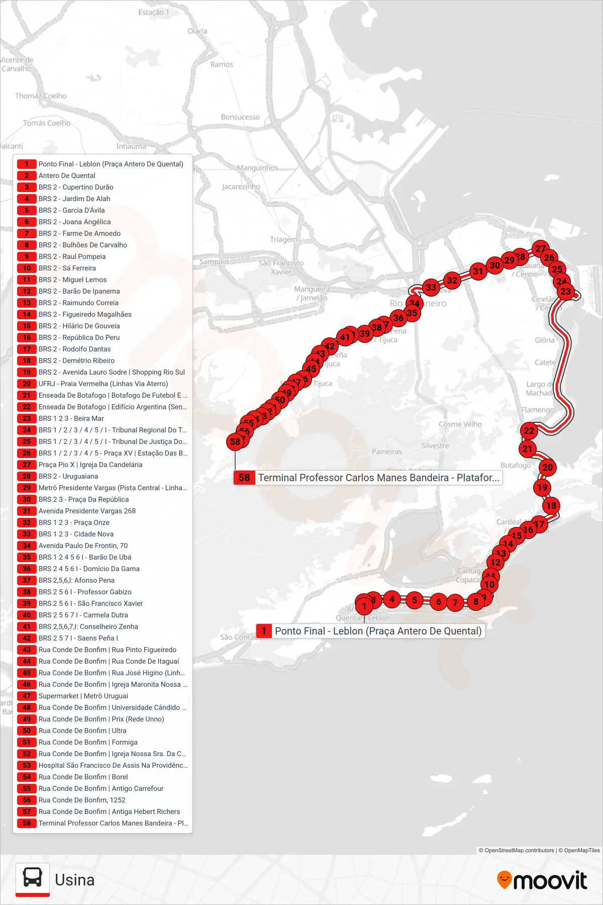 Rota e paradas da linha de ônibus 415 (Usina) no mapa