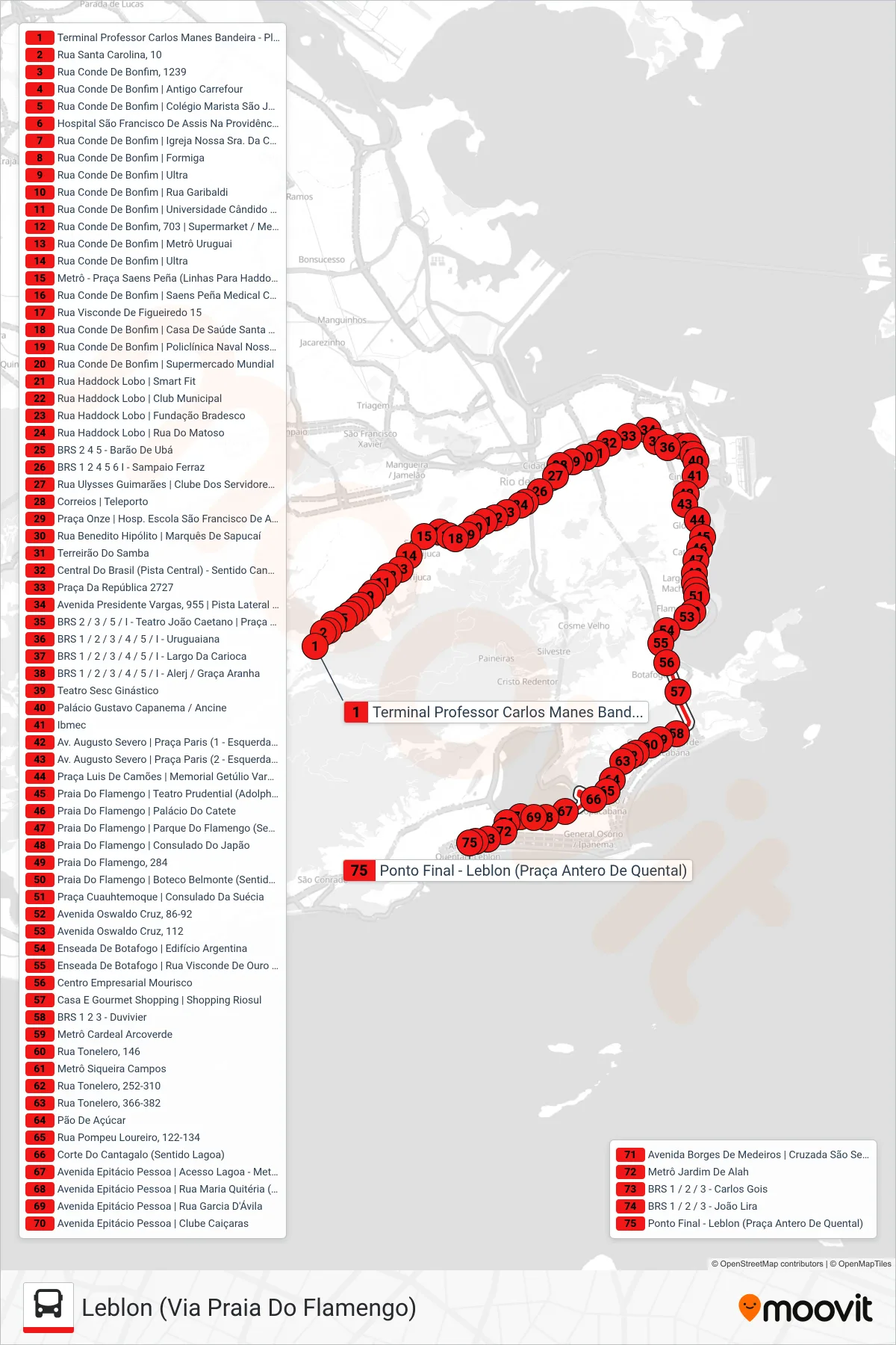 Rota e paradas da linha de ônibus 415 (Leblon (Via Praia Do Flamengo)) no mapa