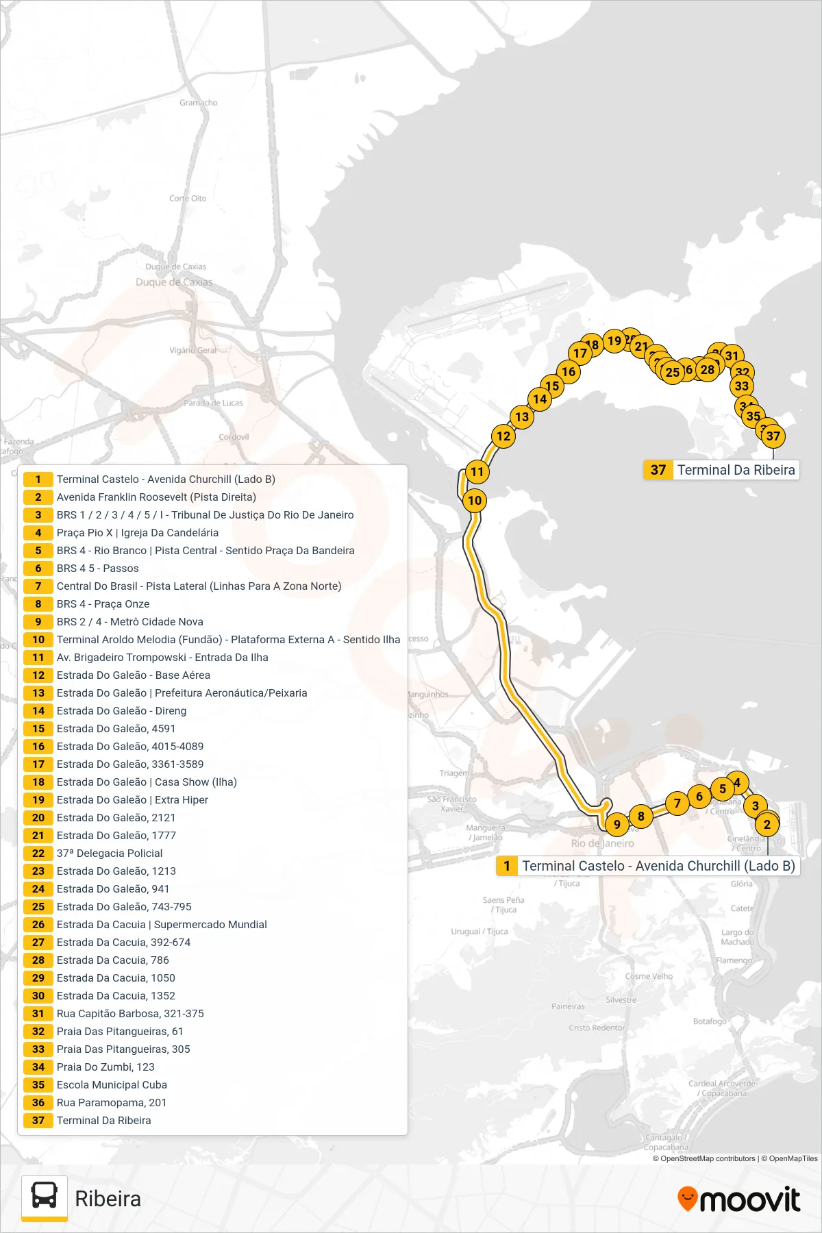 Rota e paradas da linha de ônibus 327 (Ribeira) no mapa