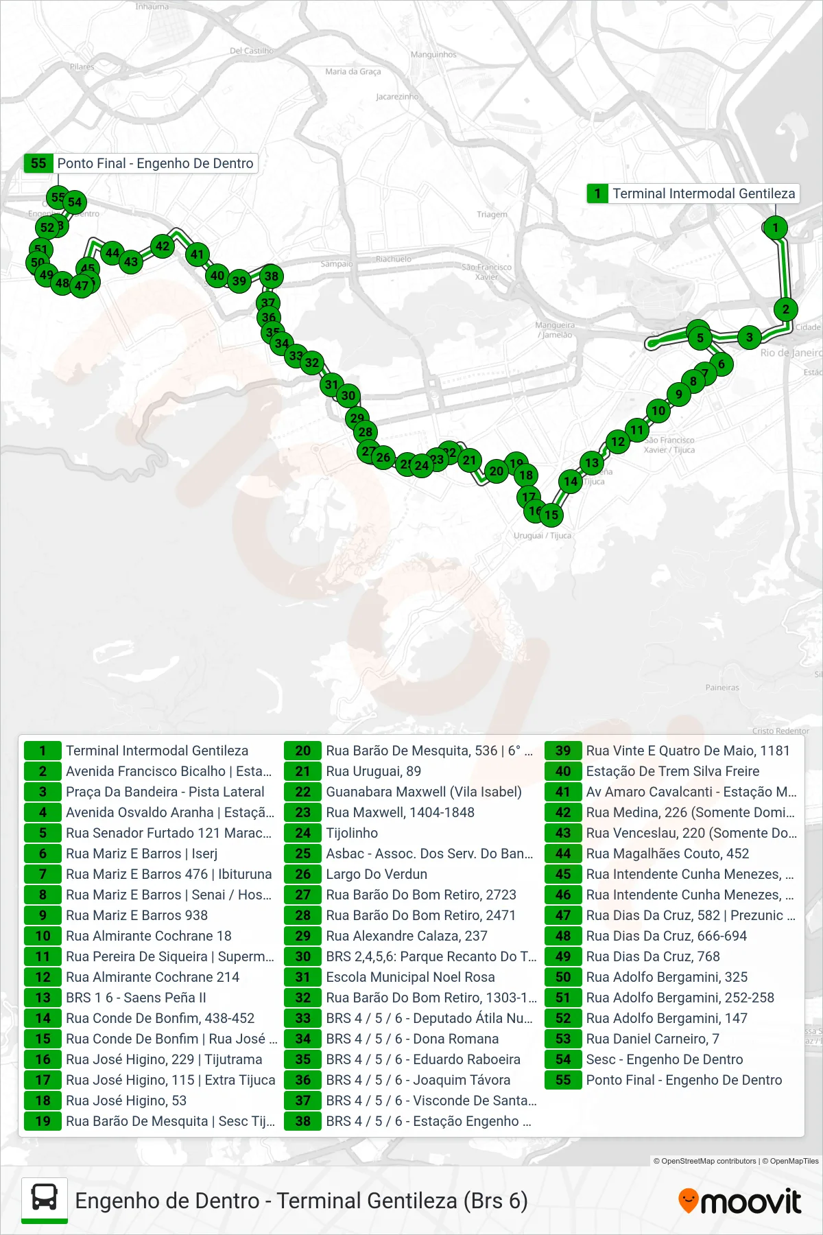 Rota e paradas da linha de ônibus 606 (Engenho De Dentro (Área De Lazer)) no mapa