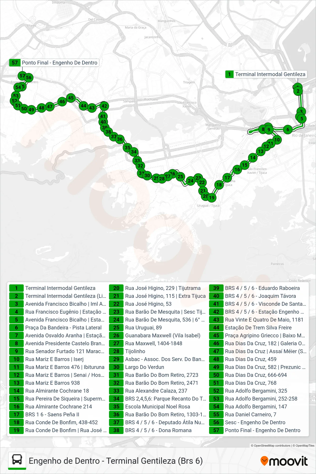 Rota e paradas da linha de ônibus 606 (Engenho De Dentro) no mapa