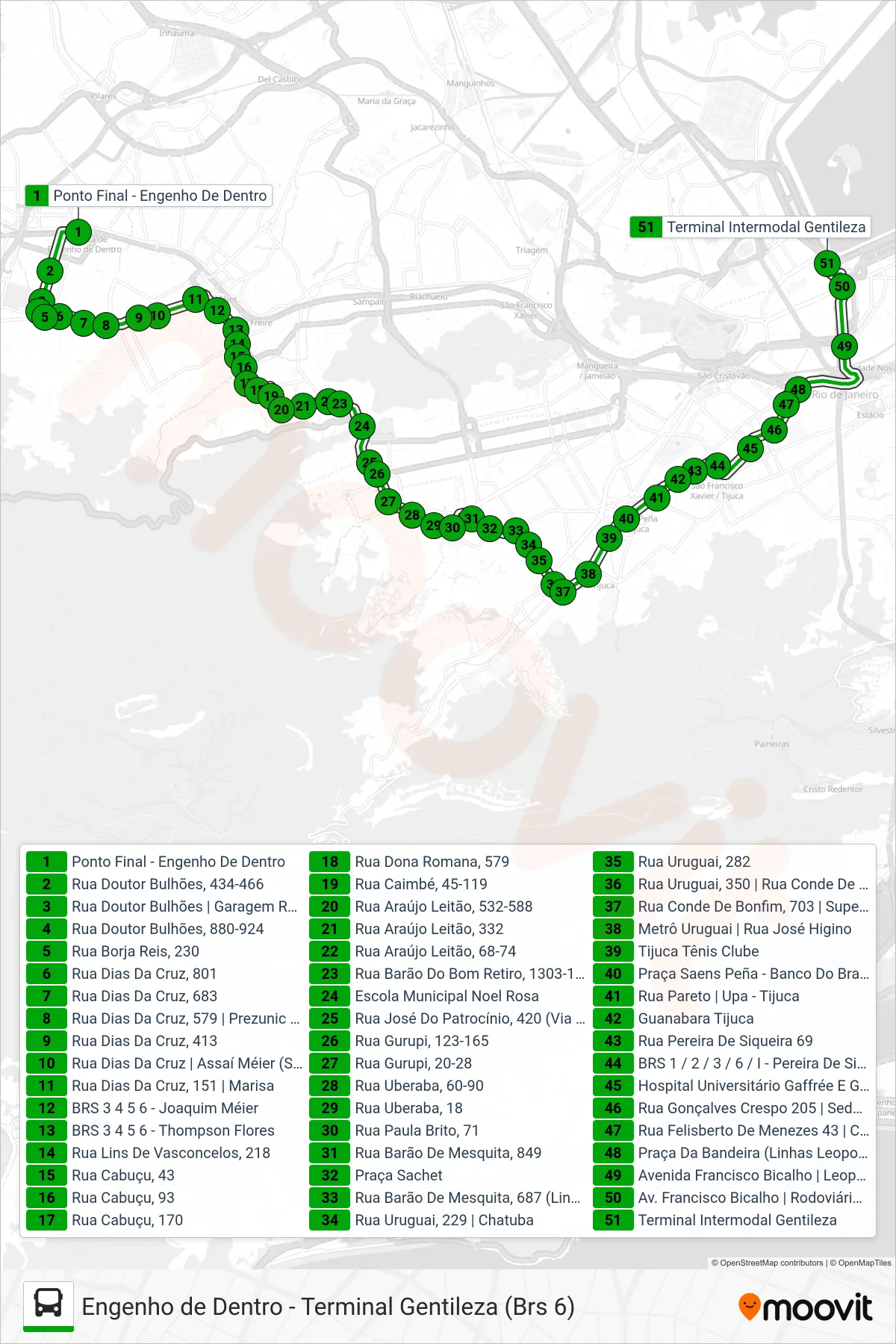 Rota e paradas da linha de ônibus 606 (Terminal Gentileza) no mapa