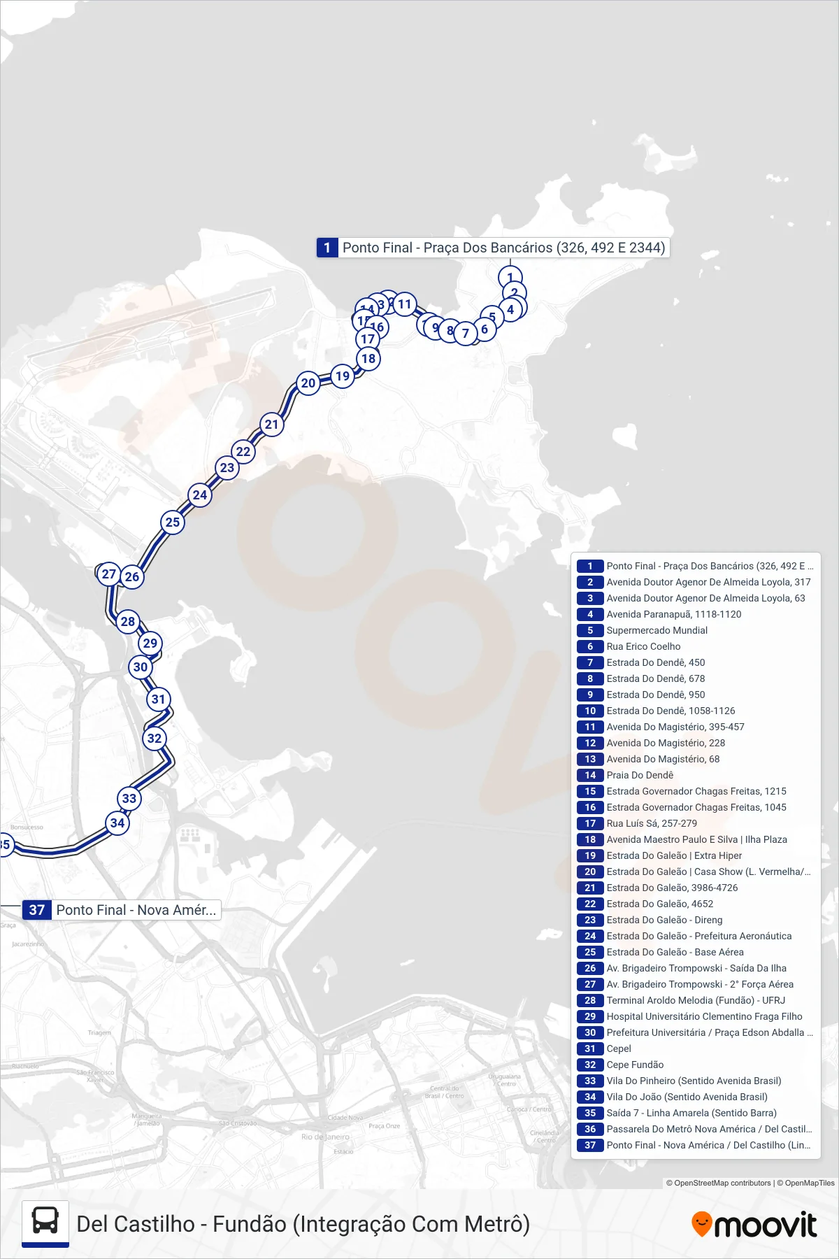 Rota e paradas da linha de ônibus 616 (Del Castilho (Saída Dos Bancários)) no mapa