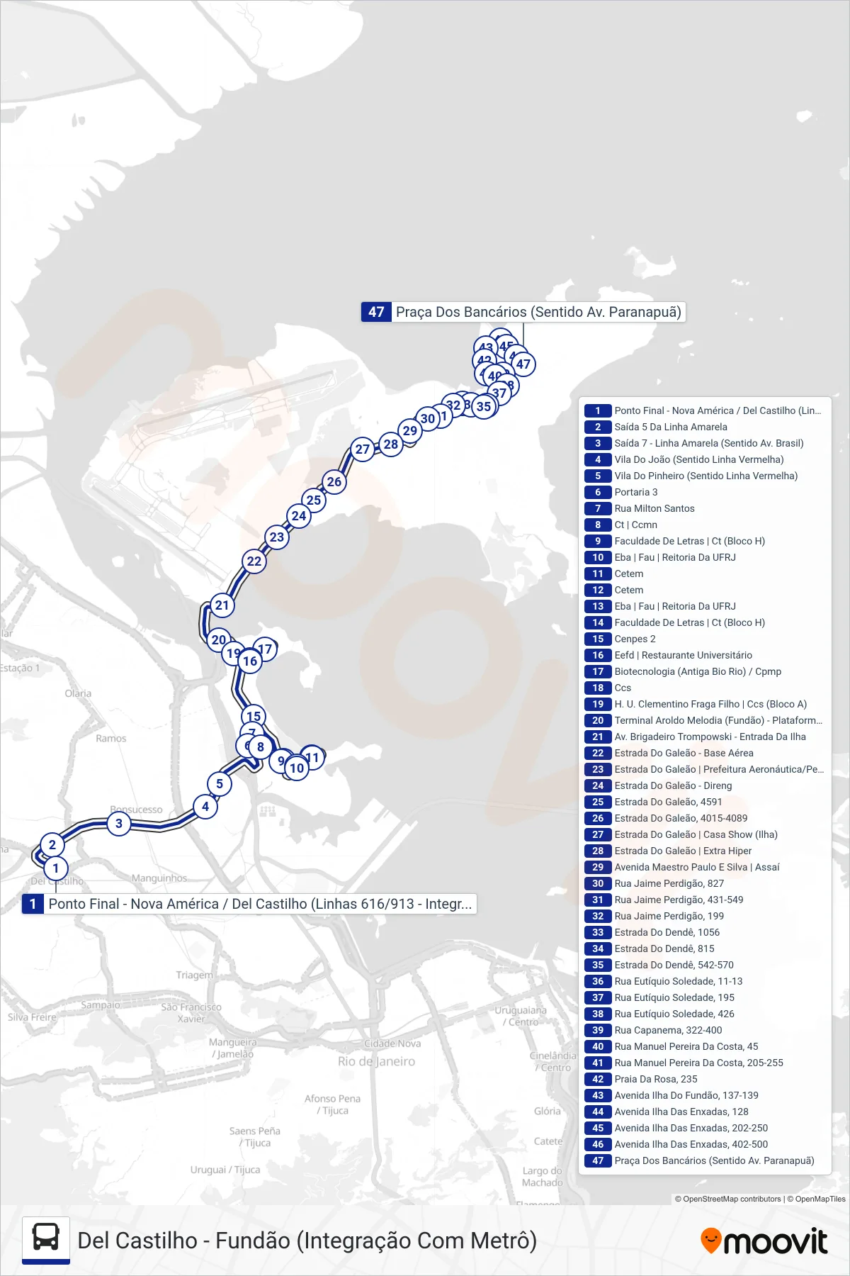 Rota e paradas da linha de ônibus 616 (329 - Bancários (Via Fundão)) no mapa
