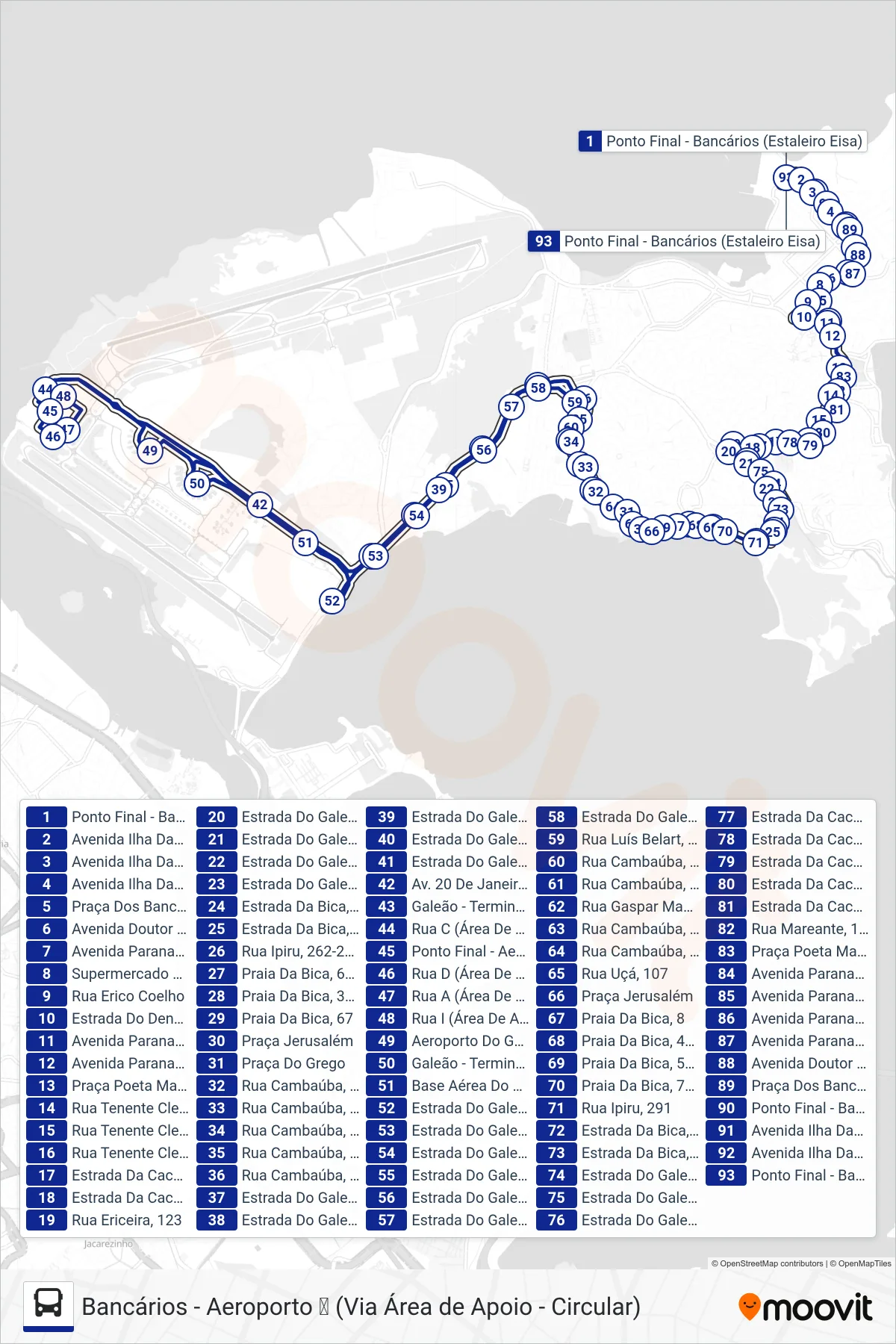 Rota e paradas da linha de ônibus 925 (Bancários ↔ Aeroporto ✈ (Circular)) no mapa