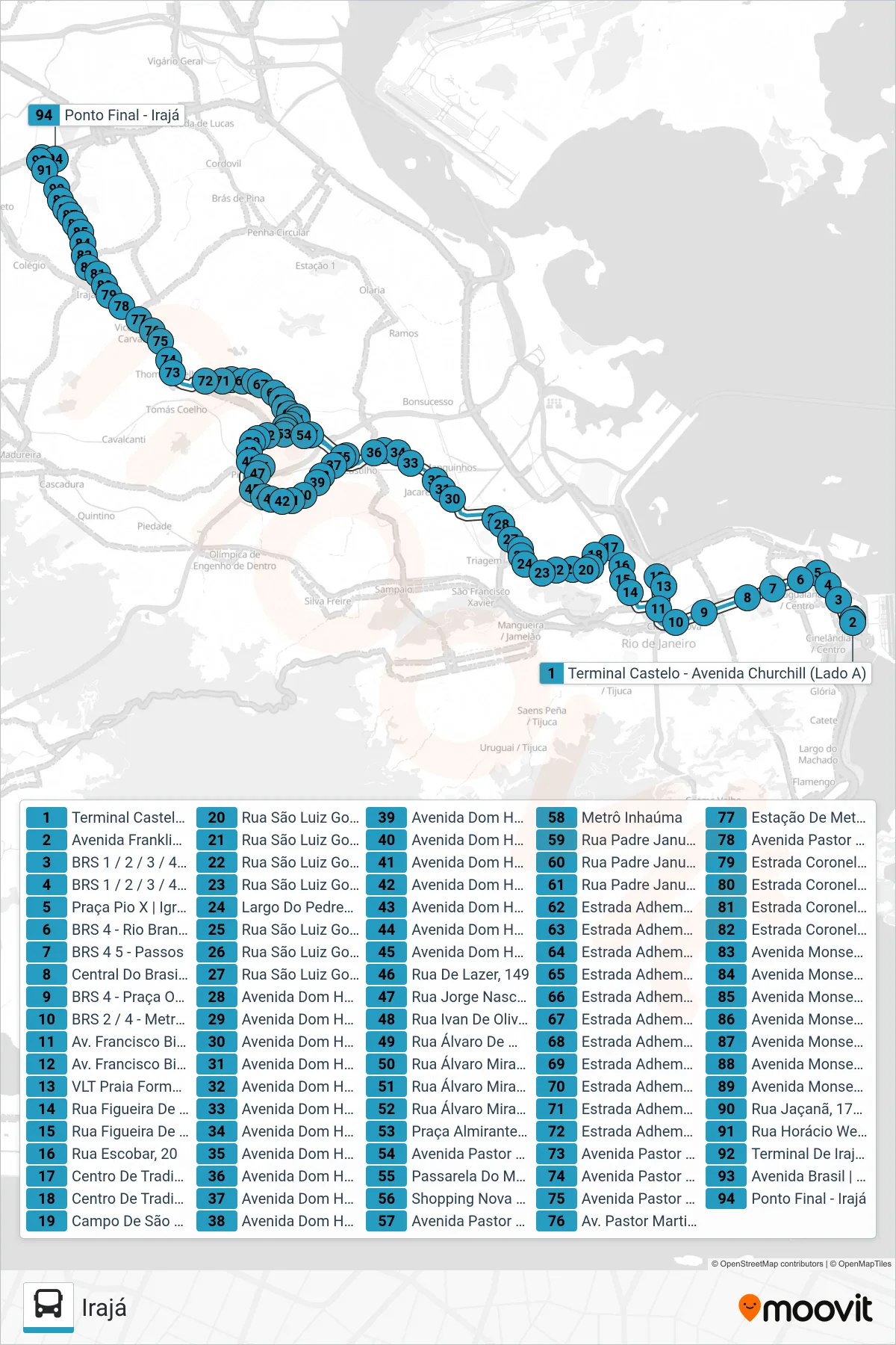 Rota e paradas da linha de ônibus  296  (Irajá) no mapa