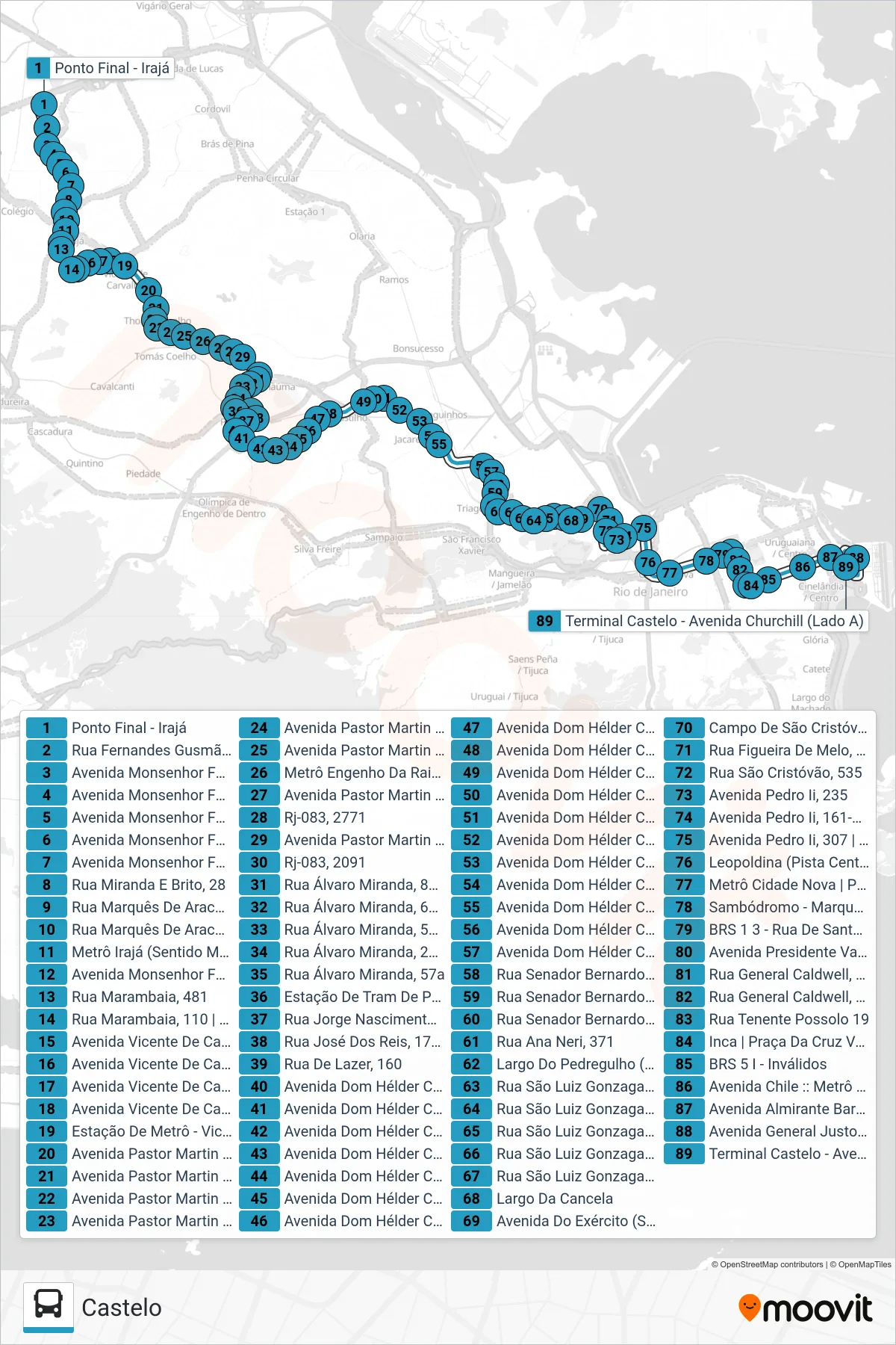 Rota e paradas da linha de ônibus 296 (Castelo) no mapa