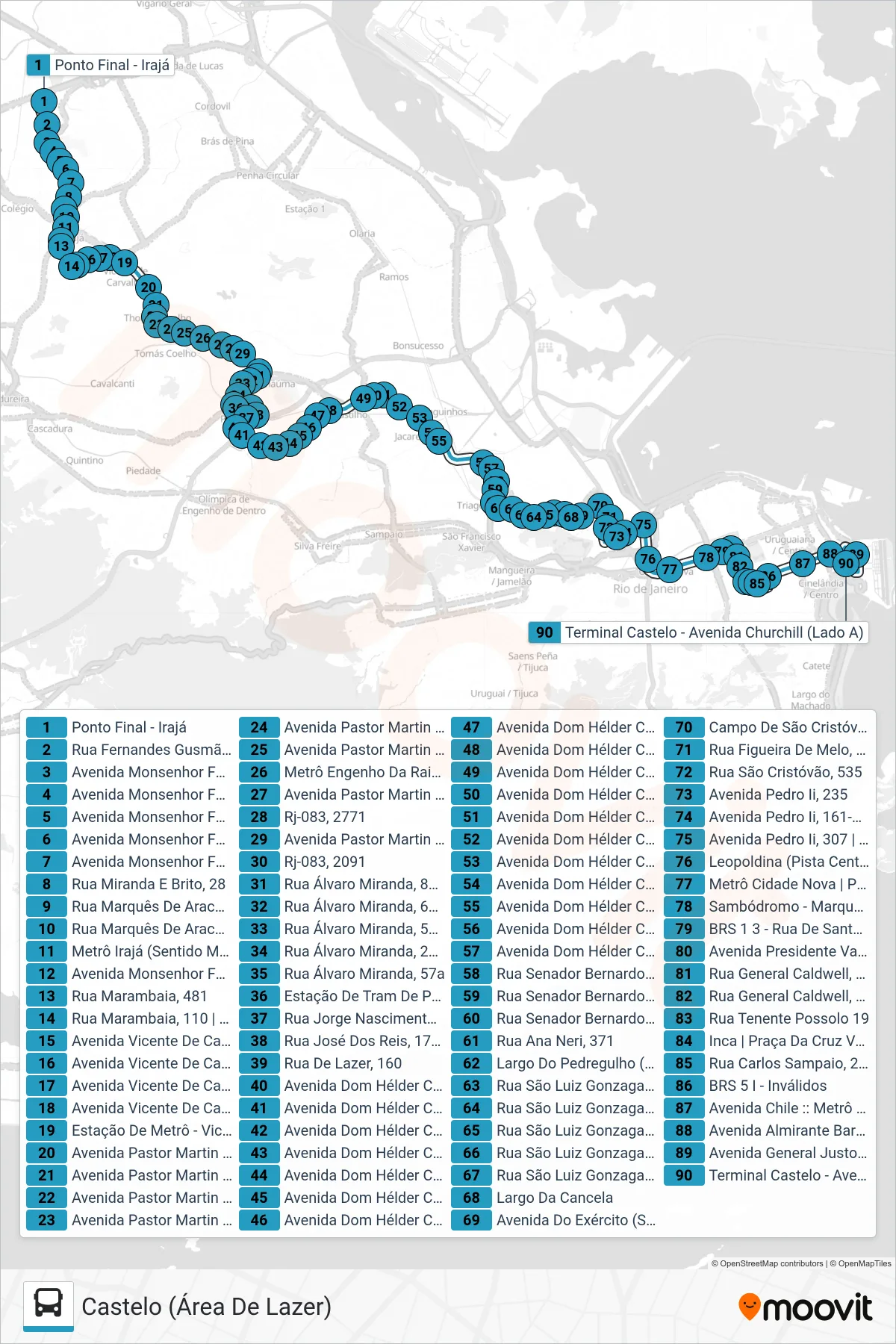 Rota e paradas da linha de ônibus 296 (Castelo (Área De Lazer)) no mapa