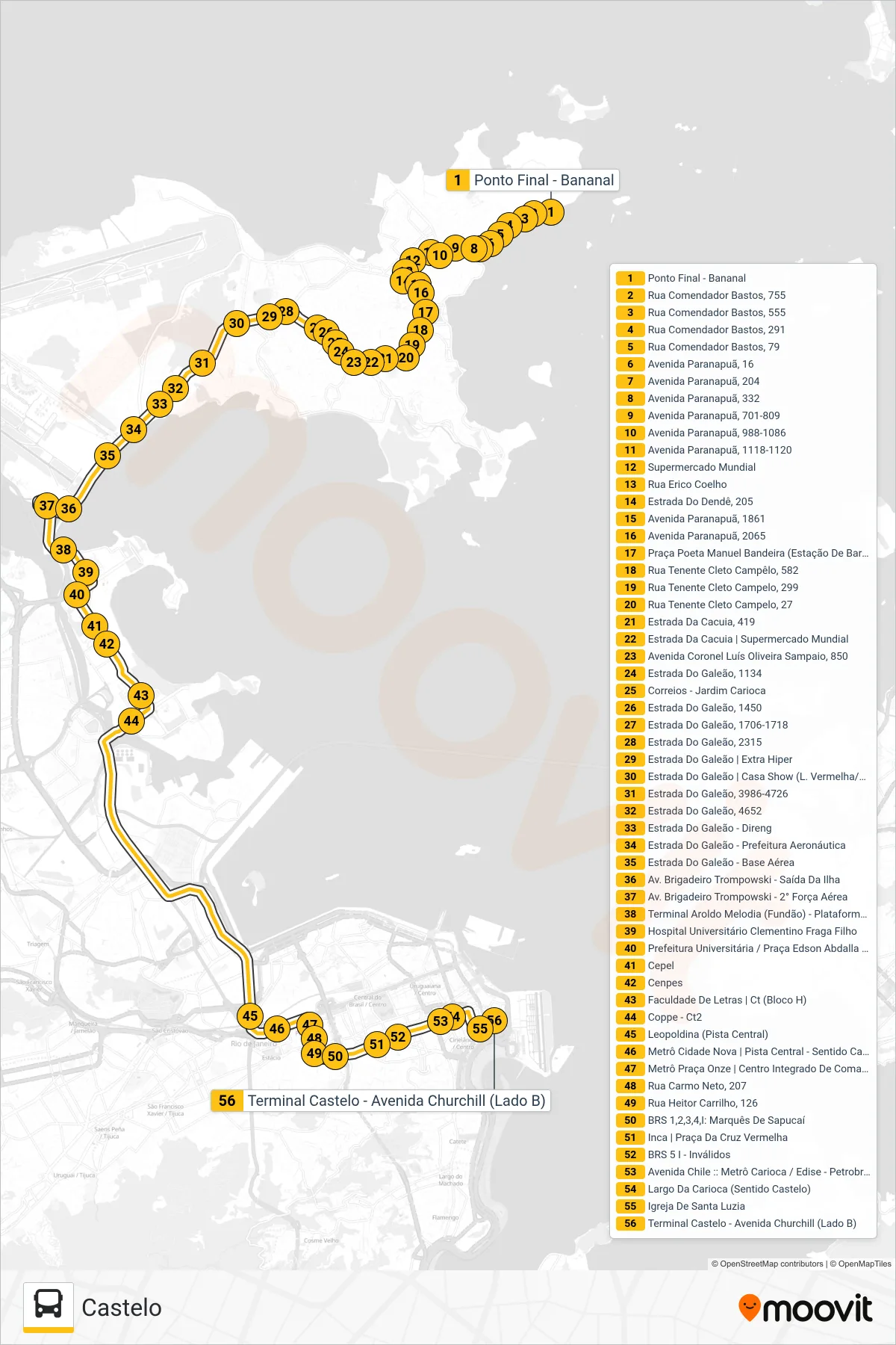 Rota e paradas da linha de ônibus 323 (Castelo) no mapa