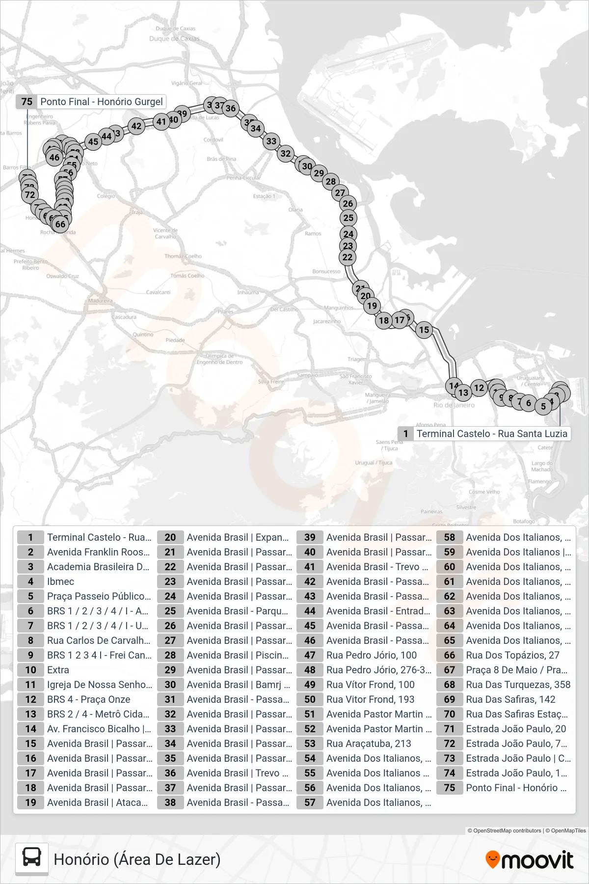 Rota e paradas da linha de ônibus 362 (Honório (Área De Lazer)) no mapa