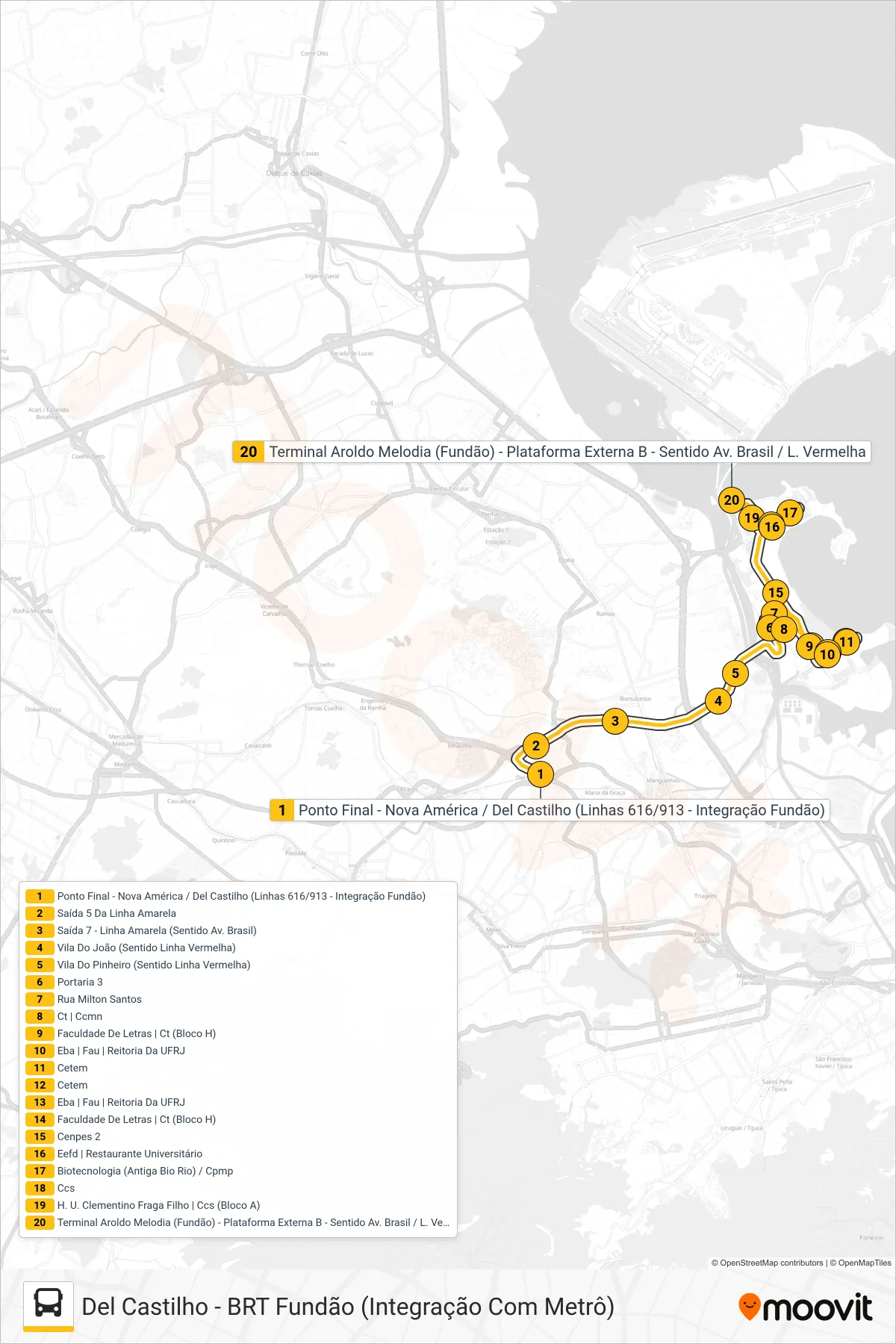 Rota e paradas da linha de ônibus 913 (BRT Fundão) no mapa