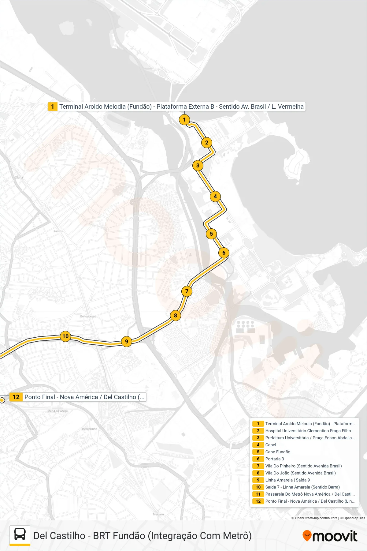 Rota e paradas da linha de ônibus 913 (Del Castilho) no mapa