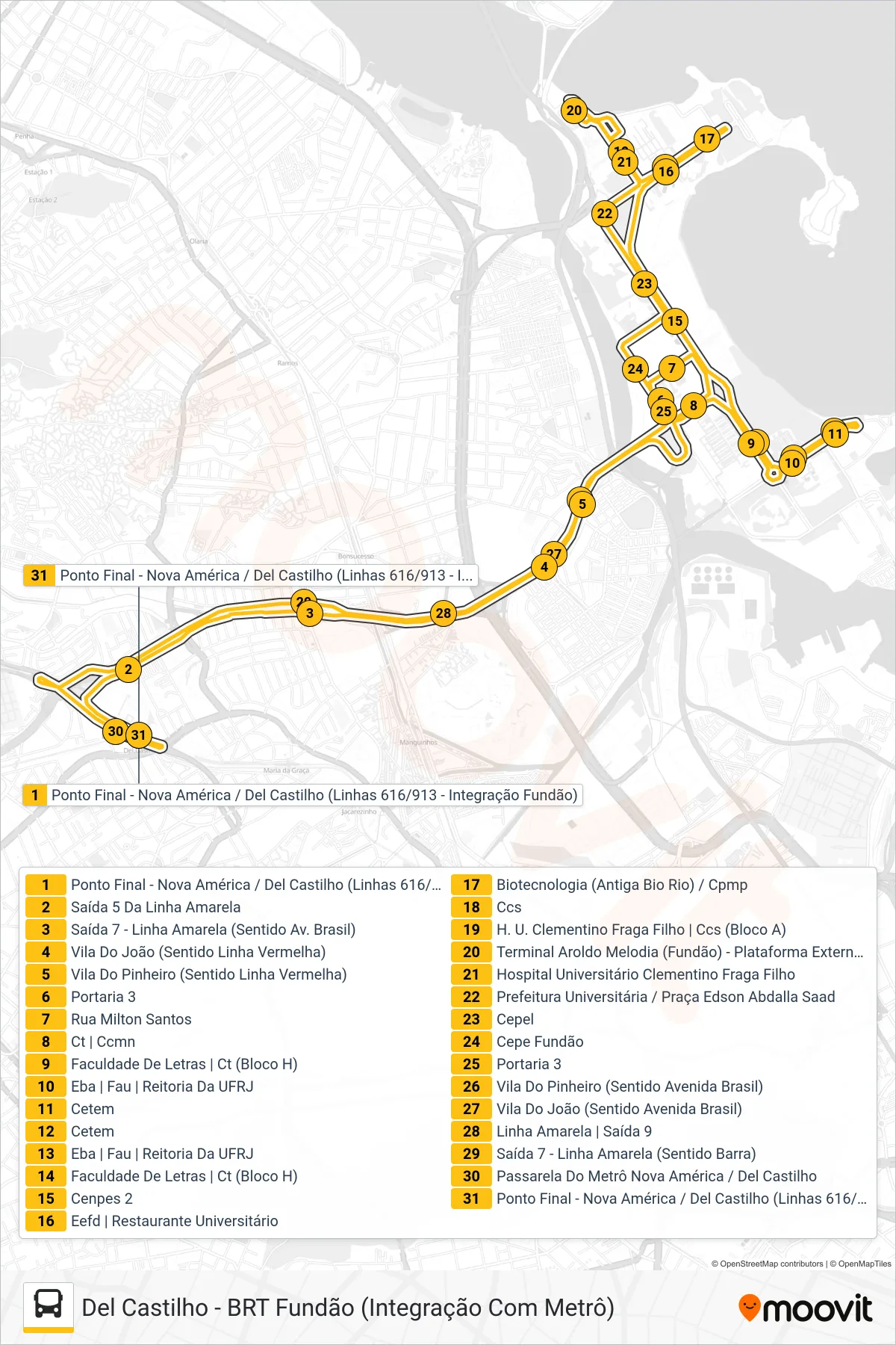 913 bus Line (Del Castilho ↔ BRT Fundão (Integração Com Metrô)) route and stops on a map
