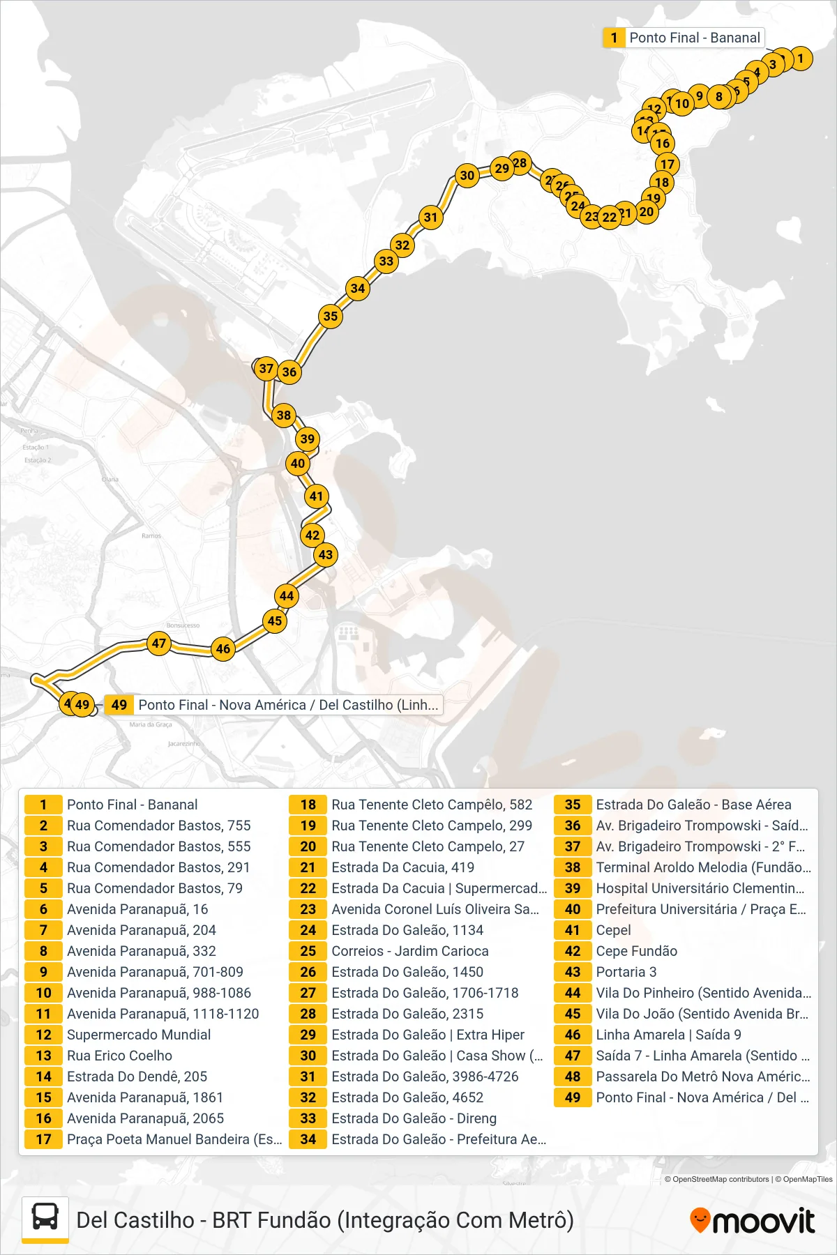 Rota e paradas da linha de ônibus 913 (Del Castilho (Saídas do Bananal)) no mapa