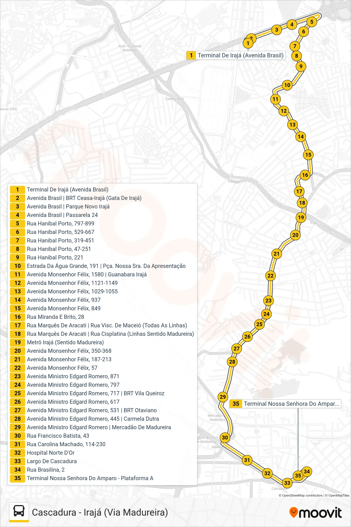 Rota e paradas da linha de ônibus 712 (Cascadura) no mapa