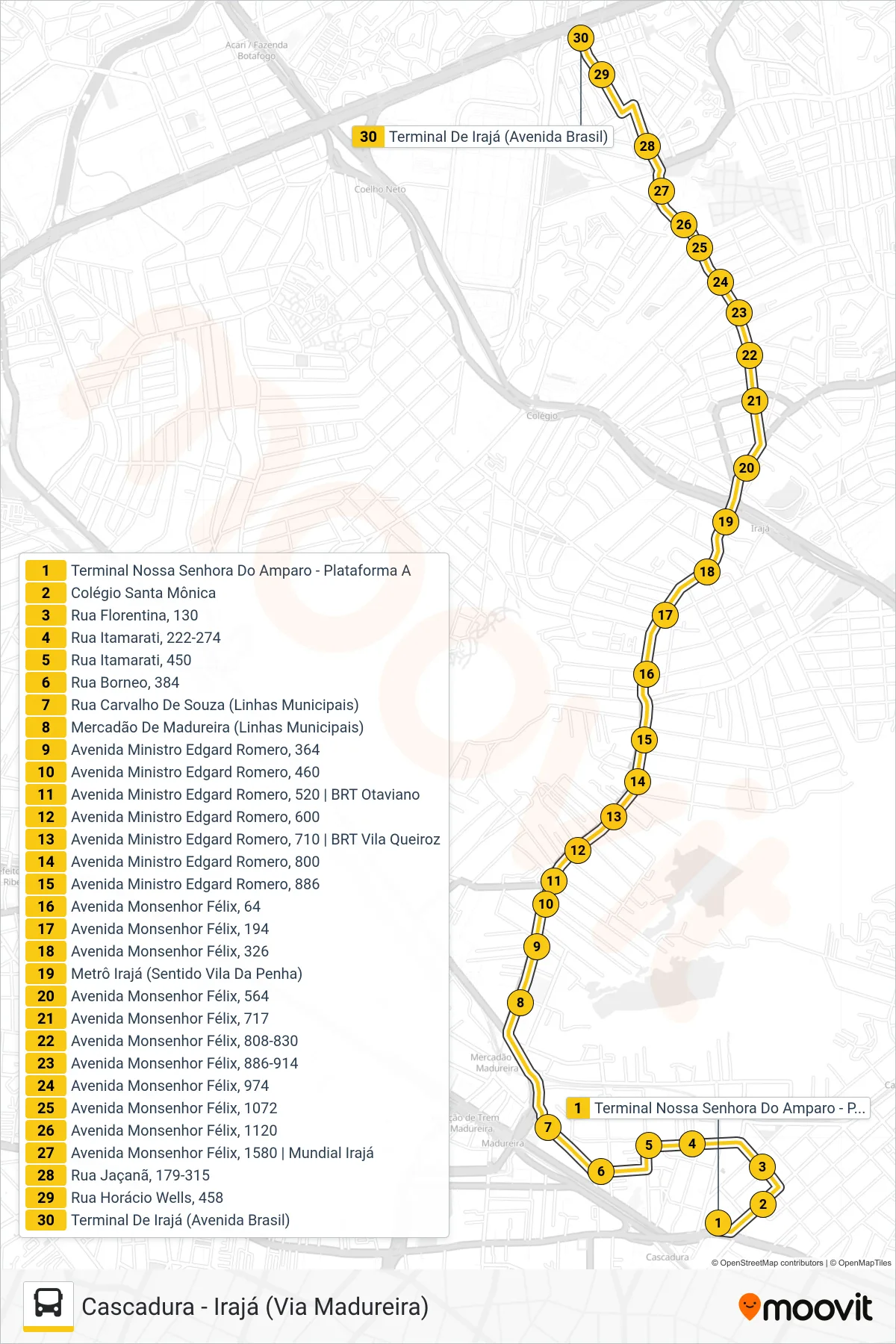 Rota e paradas da linha de ônibus  712  (Irajá) no mapa