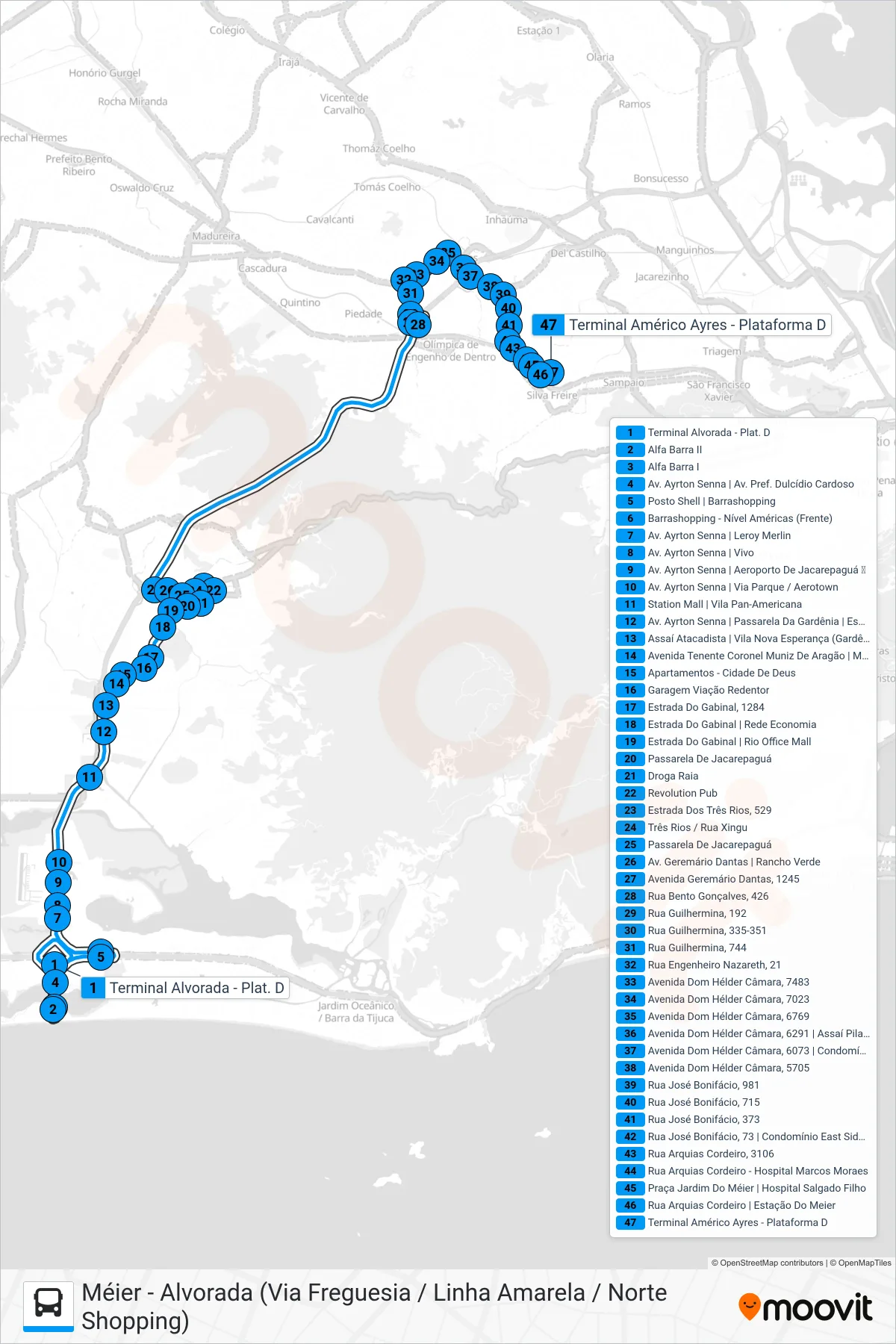 Rota e paradas da linha de ônibus 692 (Méier) no mapa