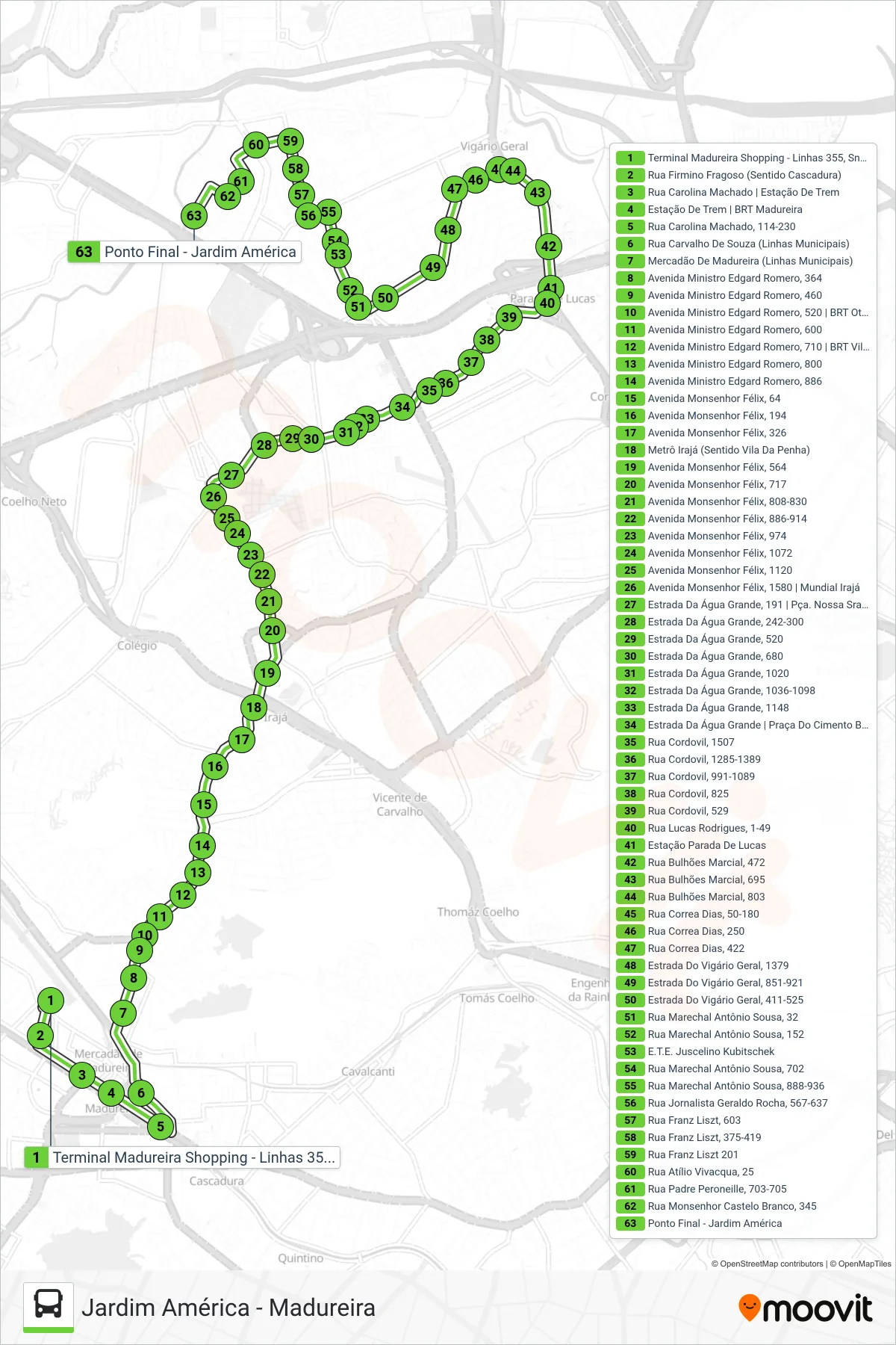 Rota e paradas da linha de ônibus 774 (Jardim América) no mapa