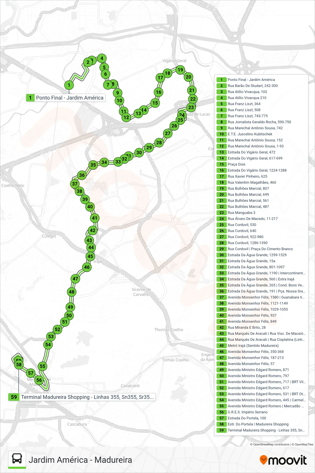 Rota e paradas da linha de ônibus 774 (Madureira) no mapa
